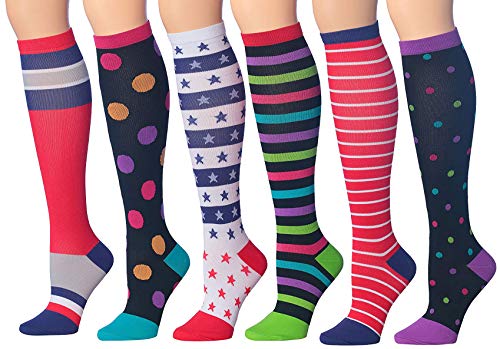 Colorful patterned knee-high compression socks for men and women, showcasing vibrant designs and comfortable fit.