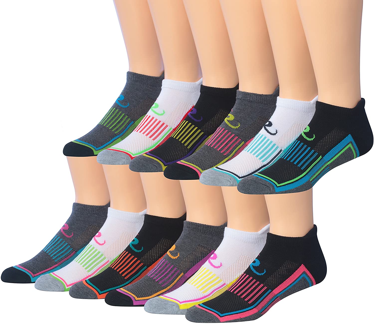 Ronnox Men's 12-Pairs Low Cut Running Socks displayed in various colors, showcasing their athletic design and low cut style.