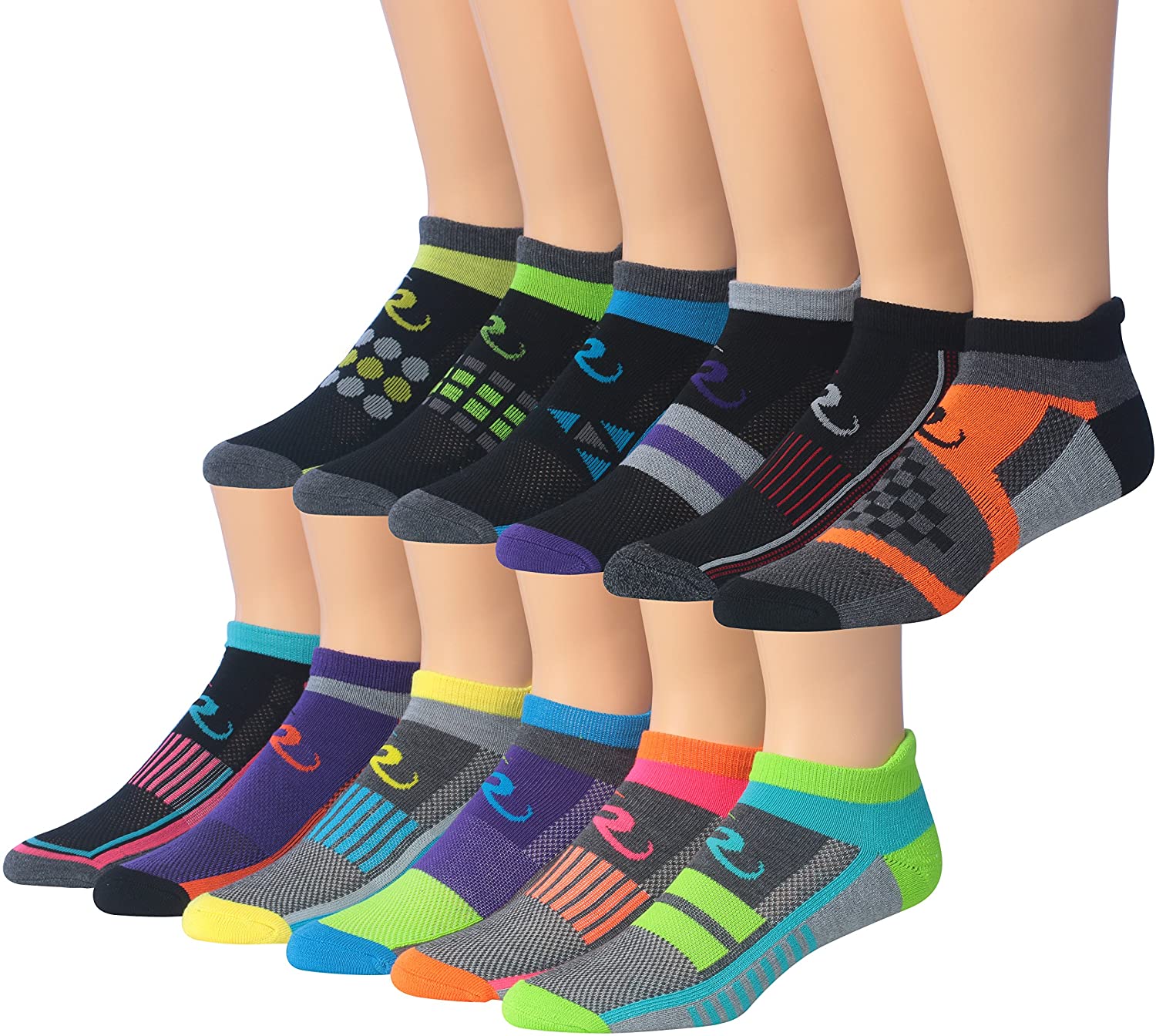 Ronnox Men's 12-Pairs Low Cut Running Socks displayed in various colors, showcasing their athletic design and low cut style.