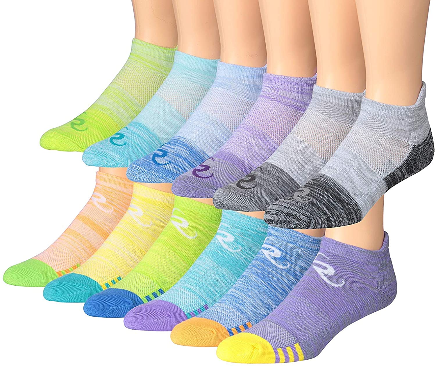 Ronnox Men's 12-Pairs Low Cut Running Socks displayed in various colors, showcasing their athletic design and low cut style.