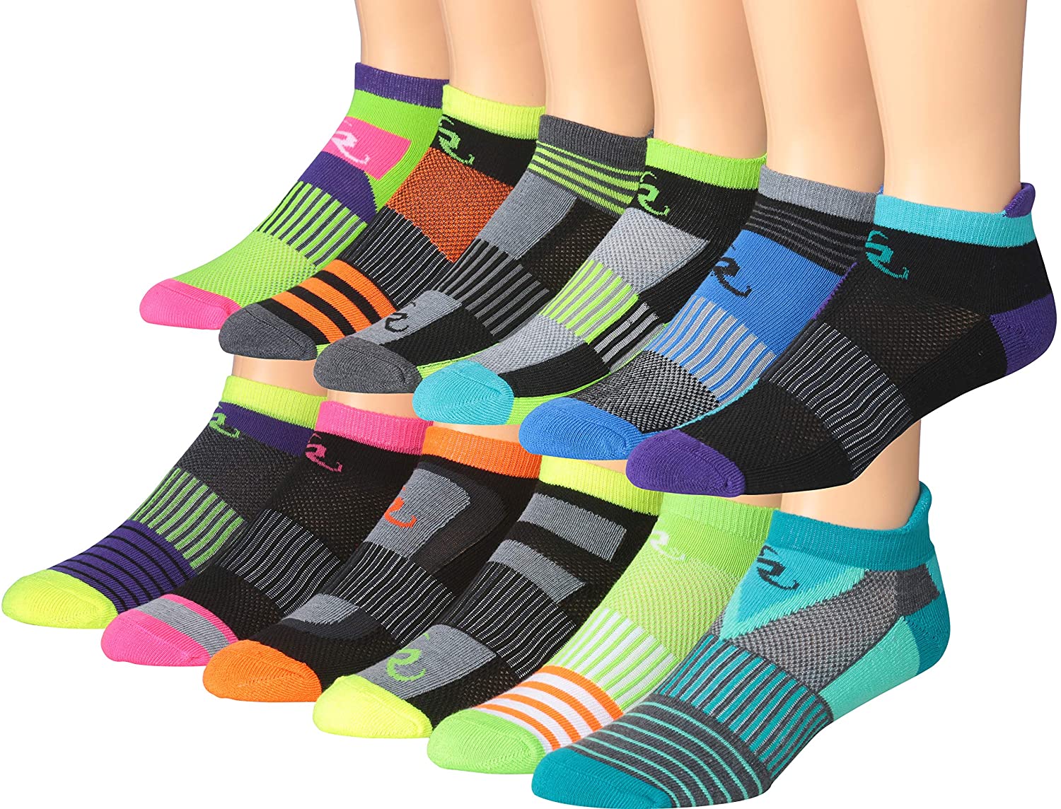 Ronnox Men's 12-Pairs Low Cut Running Socks displayed in various colors, showcasing their low cut design and breathable fabric.