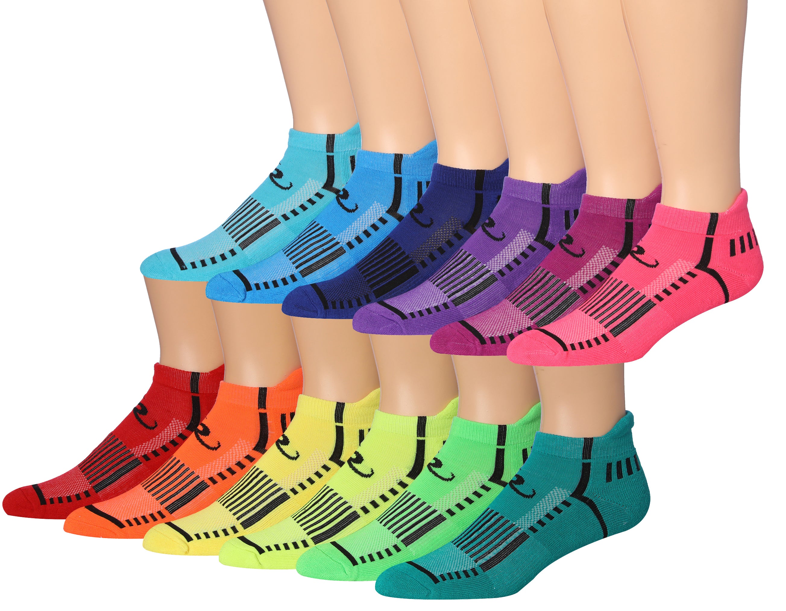 Ronnox Men's 12-Pairs Low Cut Running Socks in various colors, showcasing their athletic design and comfort features.