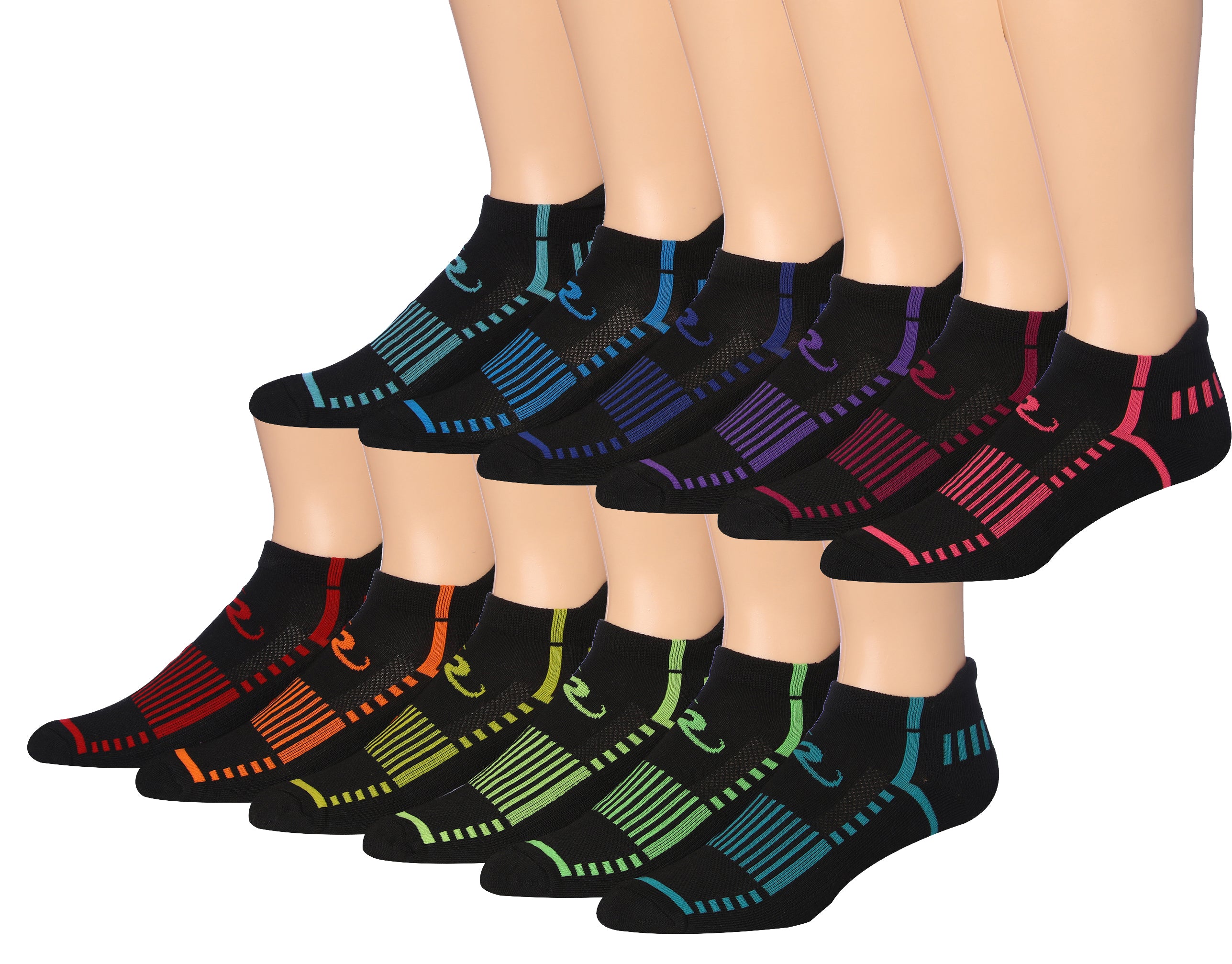 Ronnox Men's 12-Pairs Low Cut Running Socks in various colors, showcasing their athletic design and comfort features.