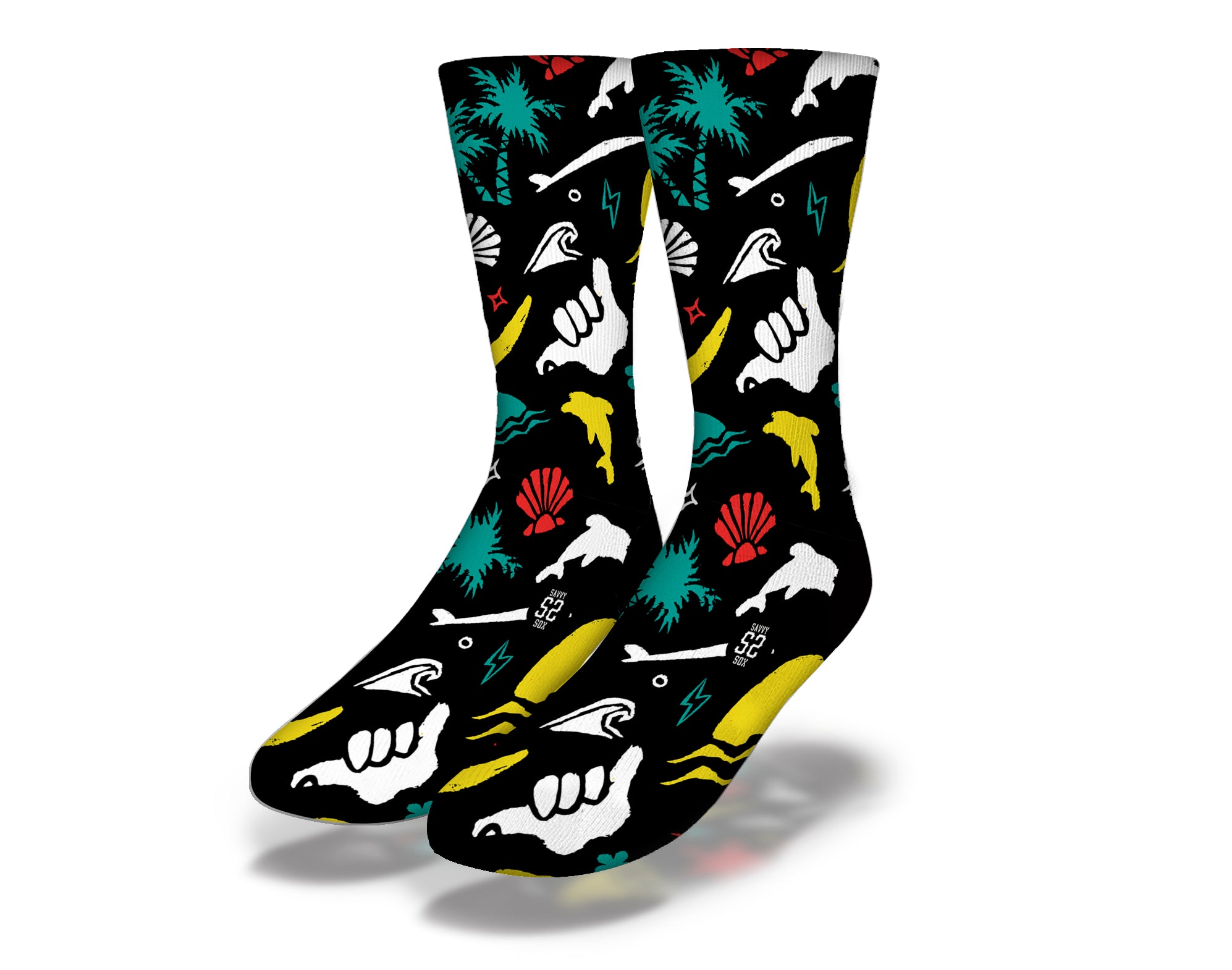 RUSTIC SURF Fun Surfing Socks featuring a vibrant black multi-color tribal design with ocean creatures, perfect for beach lovers.