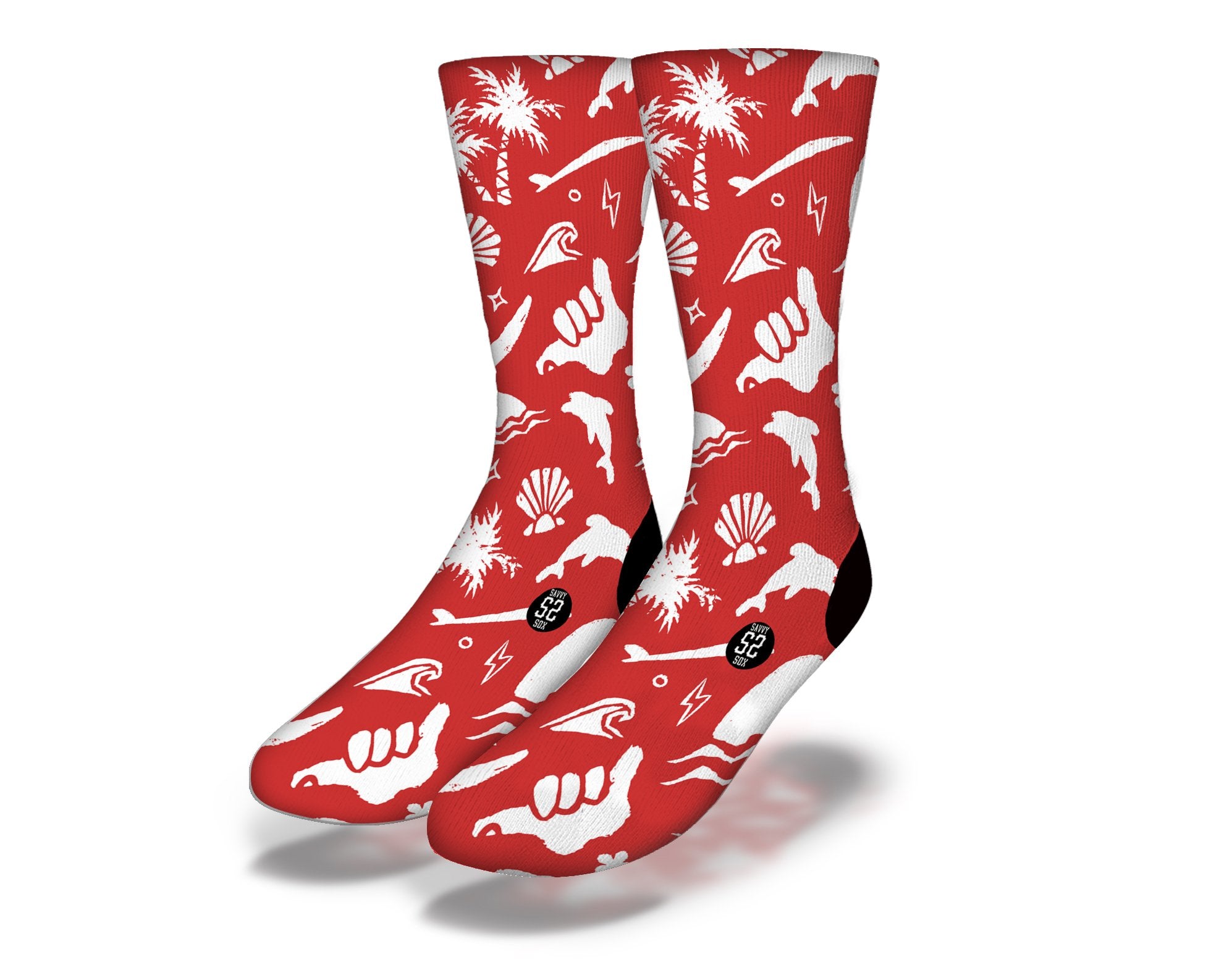 RUSTIC SURF Fun Surfing Socks in red with white tribal pattern, perfect for beach lovers and surfers.