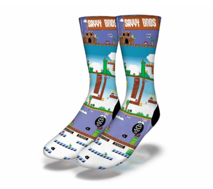 SAVVY BROS PLAY MARIO Fun Video Game Socks featuring vibrant Super Mario characters and colors, perfect for gamers.