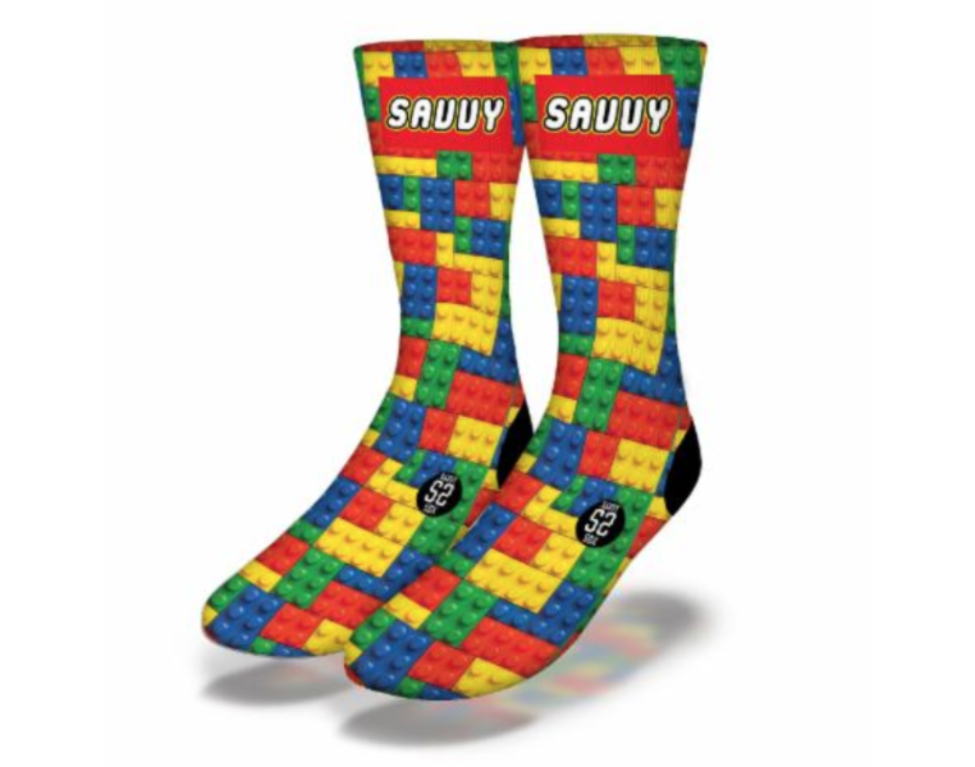 Colorful SAVVY LEGO LEGS Fun Puzzle Socks featuring vibrant building block designs in red, yellow, blue, and green.