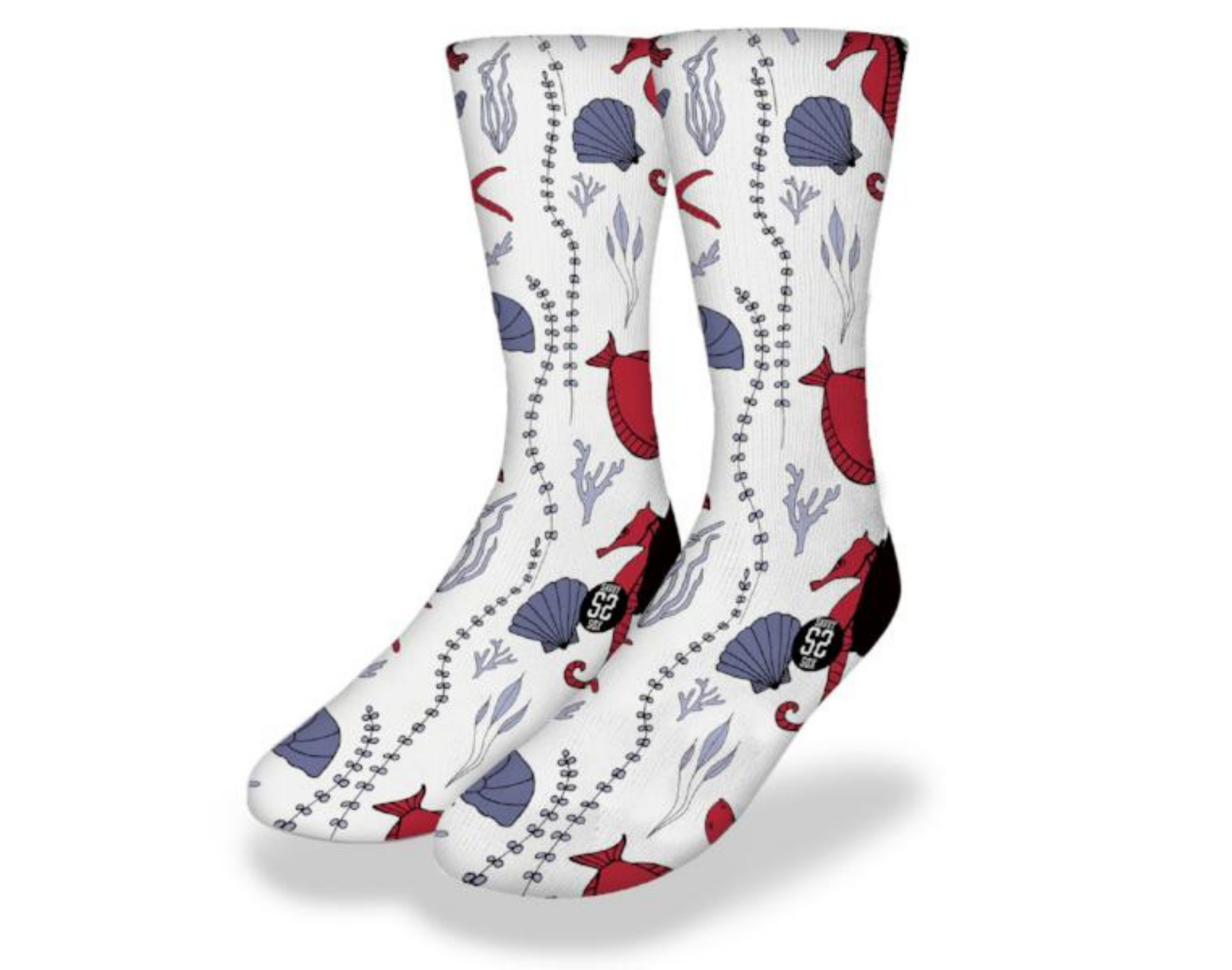 Colorful SCALLOPS & SEAHORSES Fun Sea Life Socks featuring vibrant marine life patterns in red and purple.