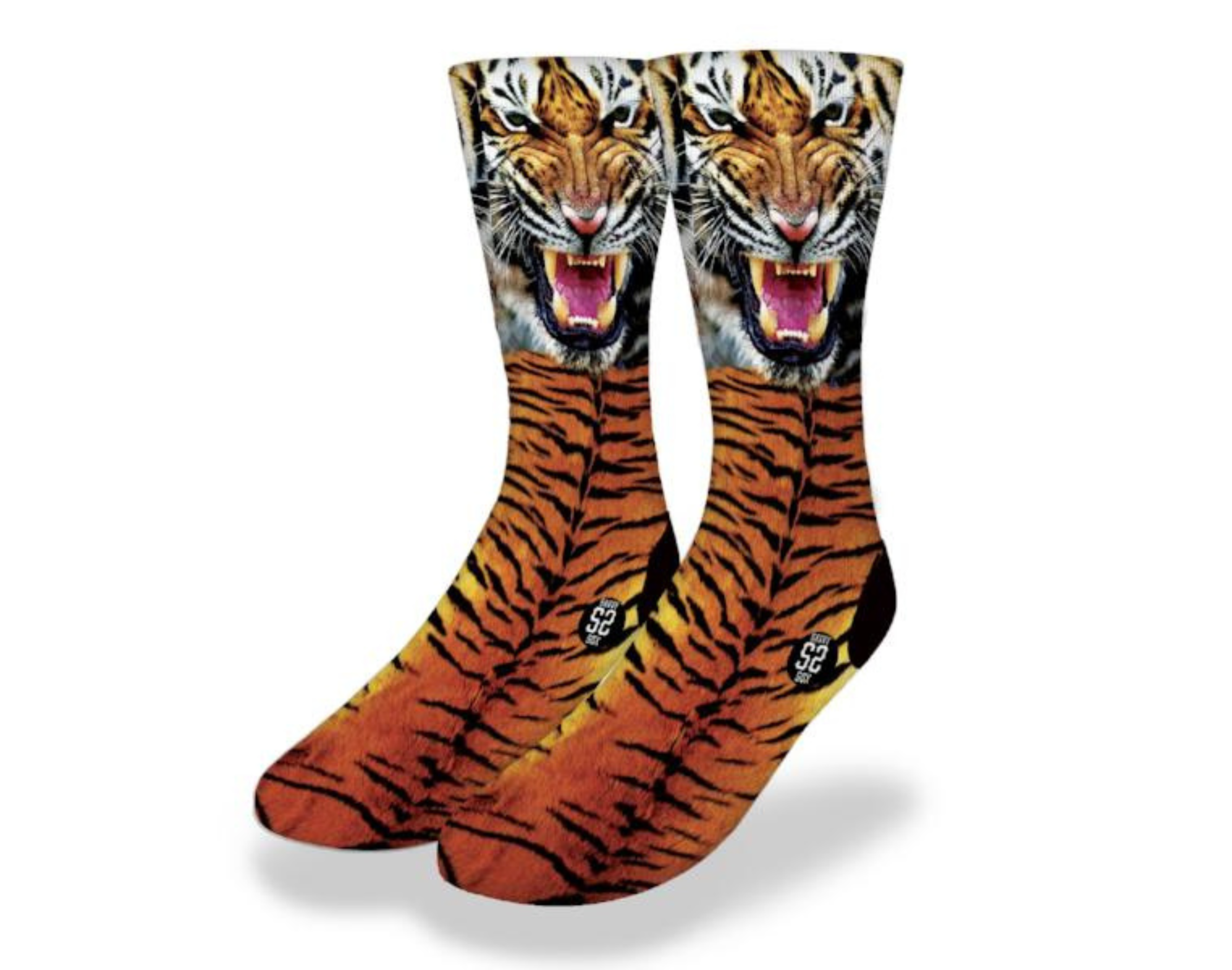 A pair of SCOWLING TIGER FACE Fun Animal Print Socks featuring a fierce tiger face design, perfect for animal lovers.