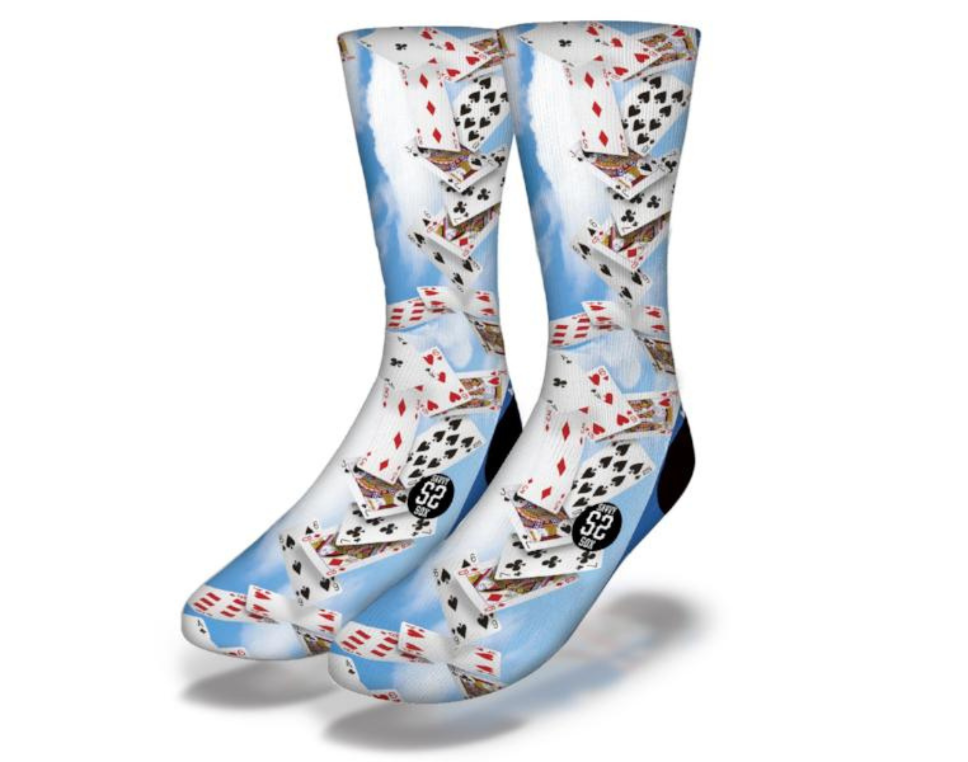 A pair of fun casino-themed socks featuring playing cards design, perfect for game nights and poker enthusiasts.