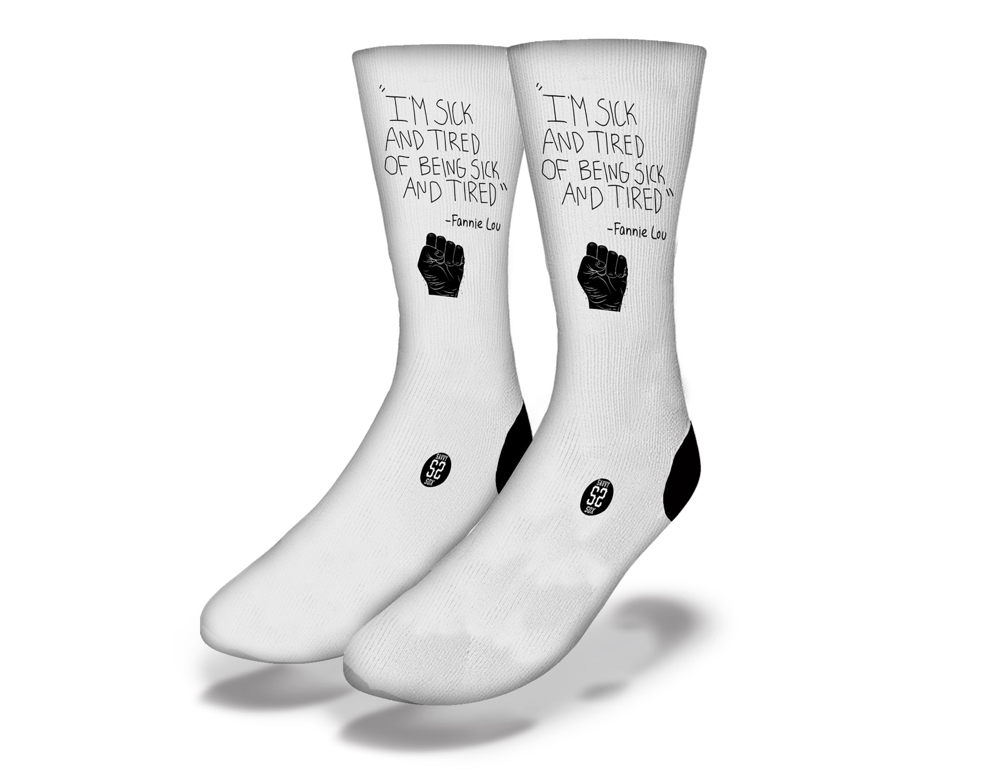 A pair of cozy Sick and Tired Socks featuring a playful design with the phrase 'sick and tired' in vibrant colors.