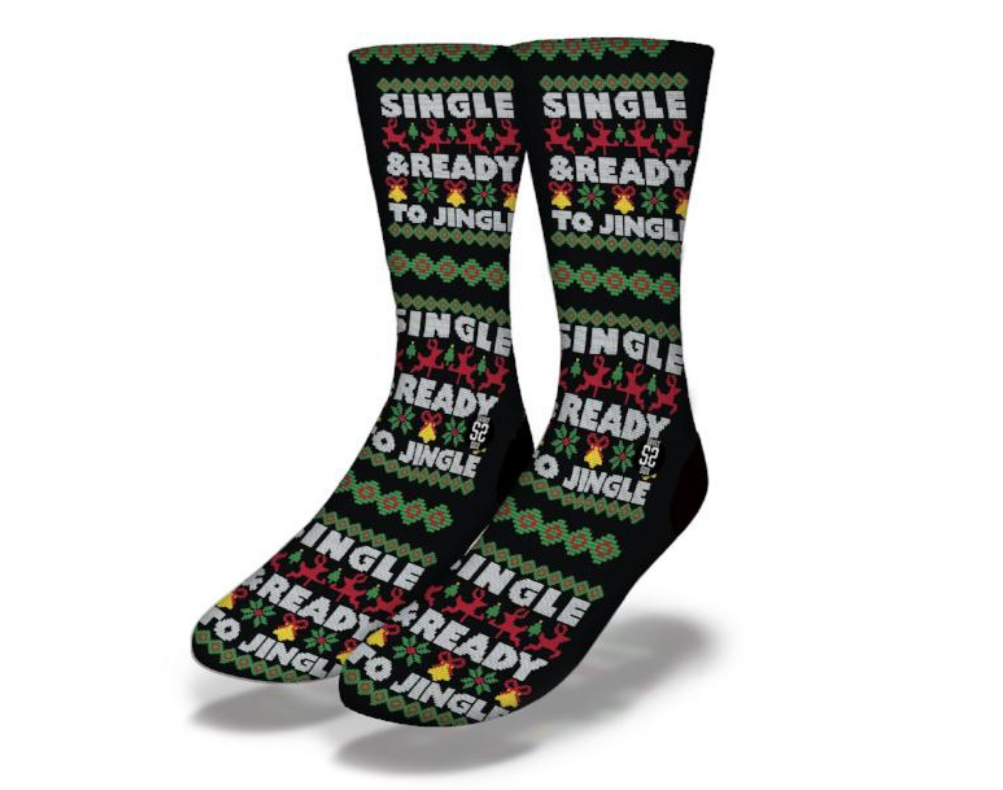 A pair of festive SINGLE & READY TO JINGLE Funny Christmas Socks featuring reindeer, snowflakes, and Christmas trees in a colorful design.