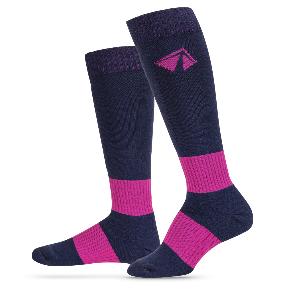 Ski-Lite Performance Ski Sock in Medium/Pink, showcasing its compression arch support and unique under-ankle band.