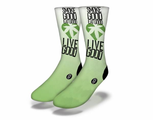 A pair of SMOKE GOOD EAT GOOD LIVE GOOD Funny Weed Socks featuring vibrant marijuana pot leaf designs, perfect for stoners.