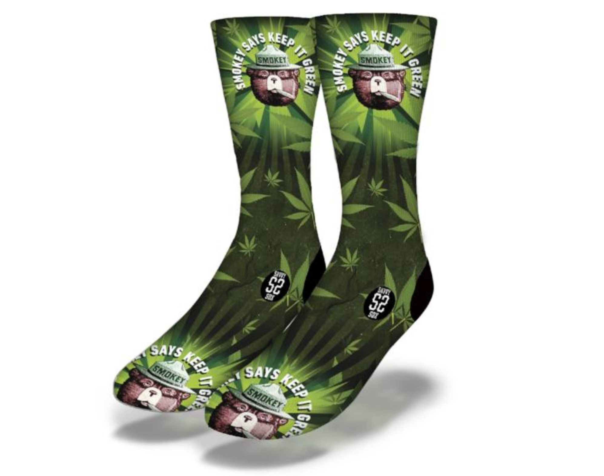 A pair of SMOKEY SAYS KEEP IT GREEN Funny Weed Socks featuring vibrant marijuana pot leaf designs, perfect for stoners.