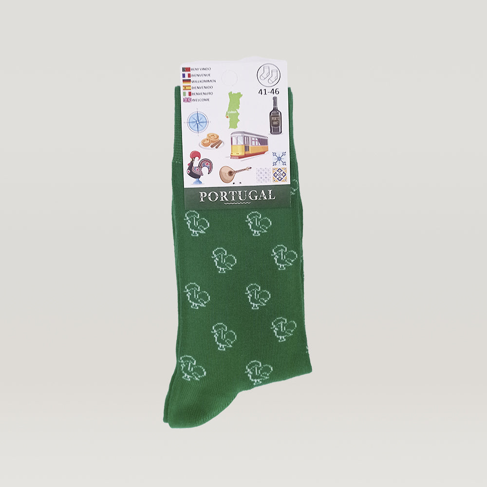 Elegant socks featuring a vibrant Barcelos rooster pattern, made from premium cotton for comfort and style.