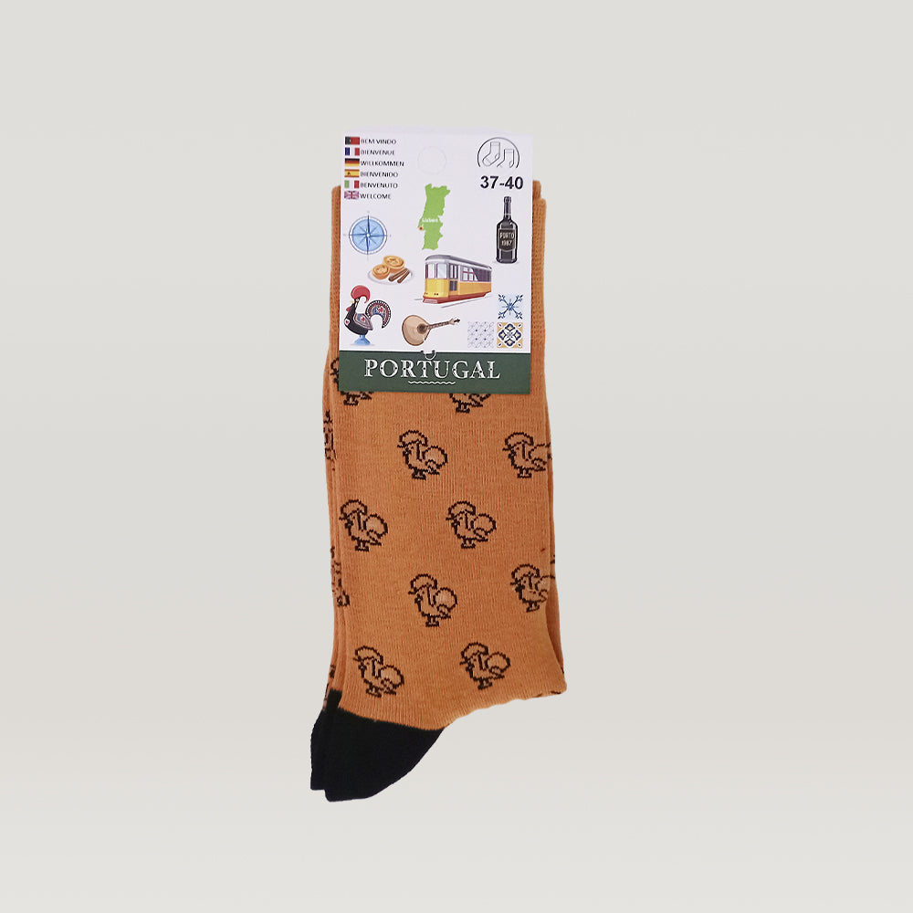 Elegant socks featuring a vibrant Barcelos rooster pattern, made from premium cotton for comfort and style.