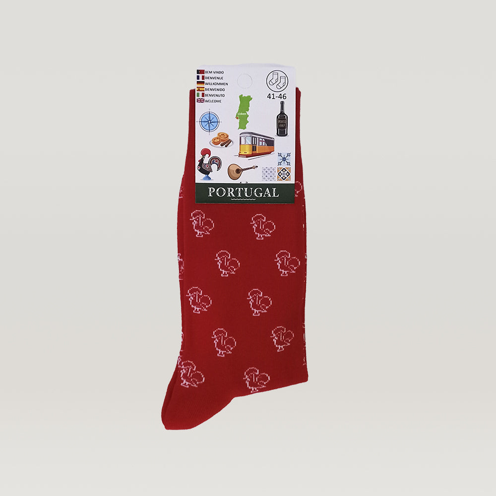 Elegant socks featuring a vibrant Barcelos rooster pattern, made from premium cotton for comfort and style.