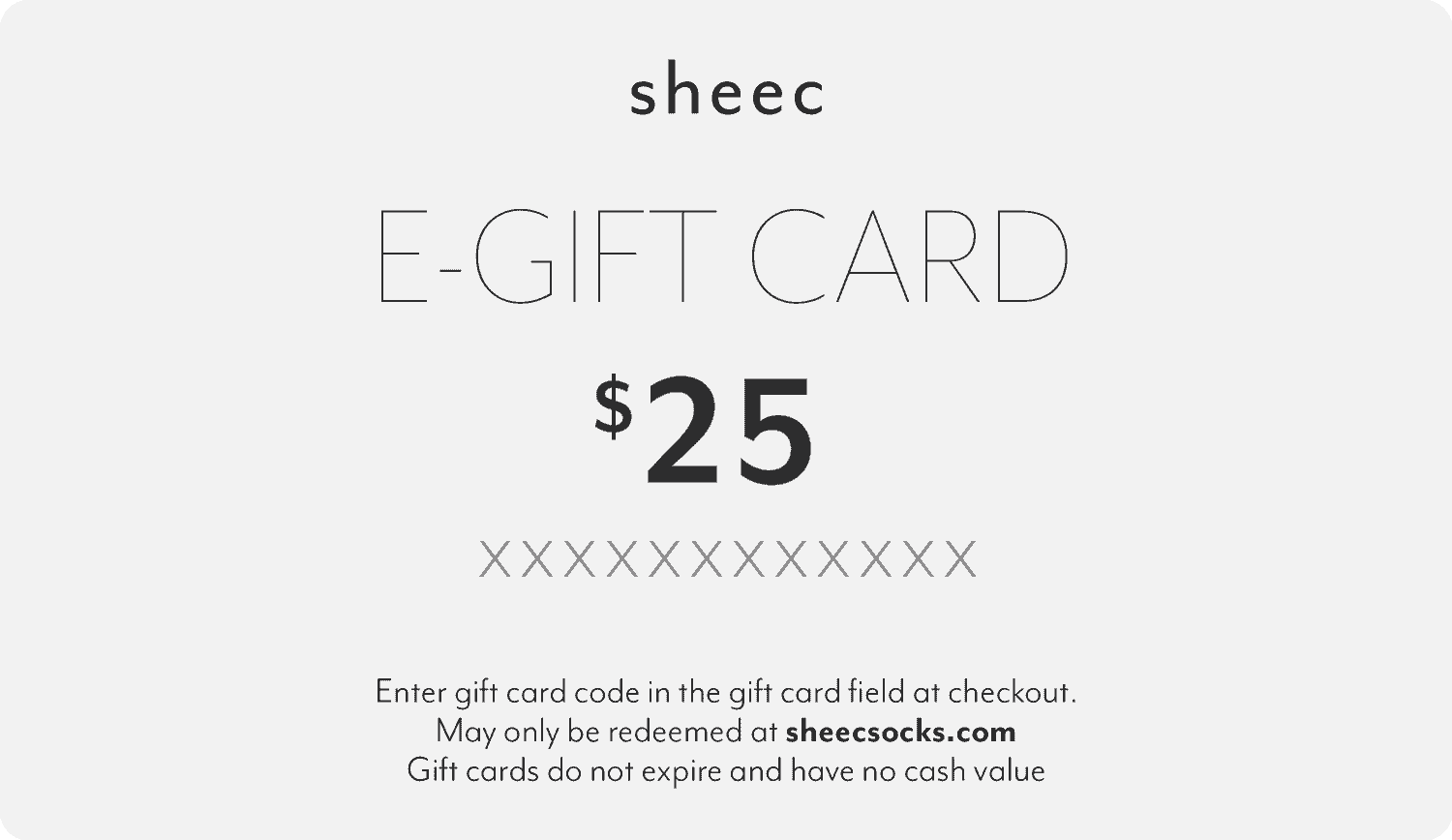 Digital gift card for Sheec socks, featuring a stylish design and easy gifting options.