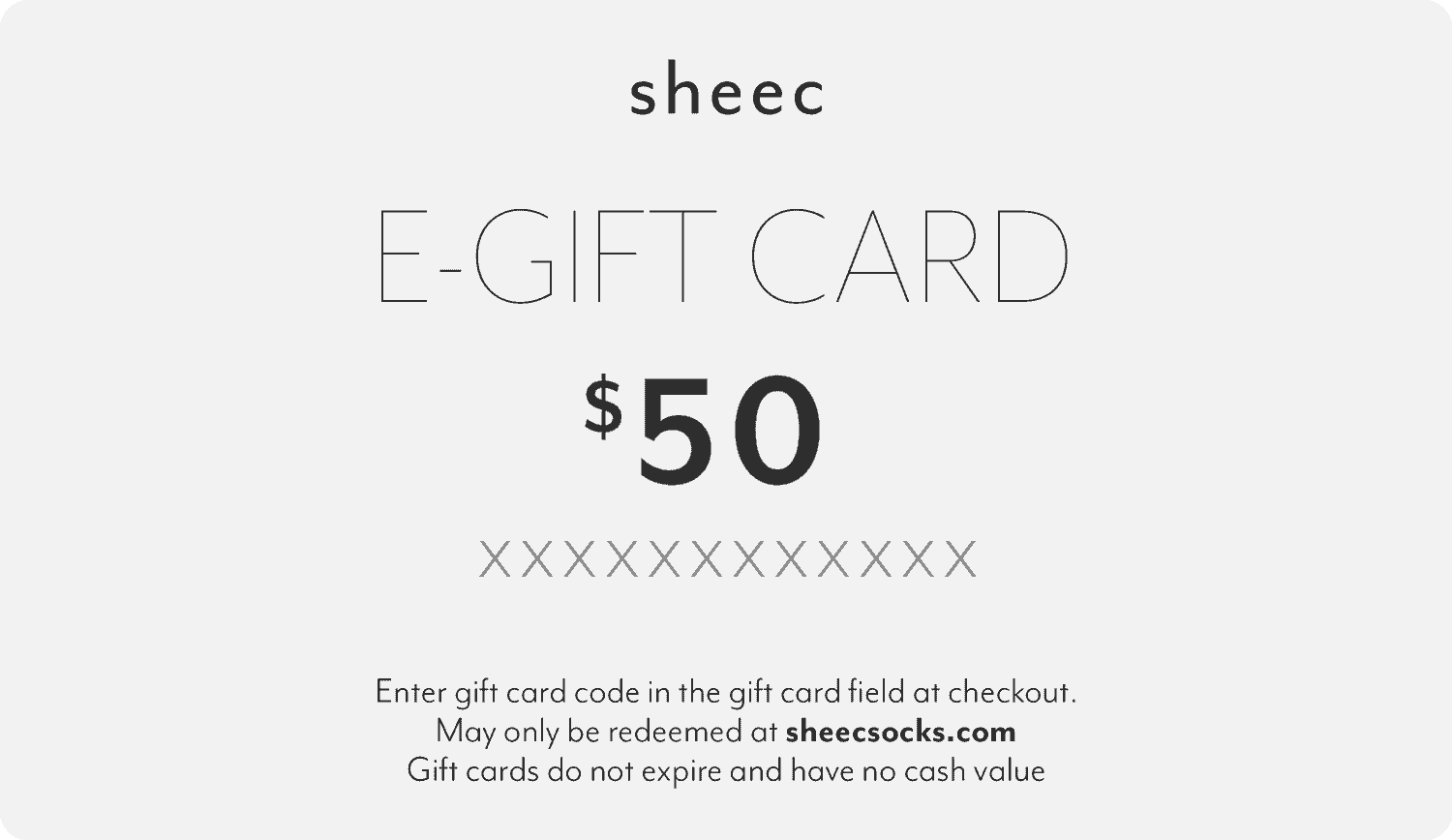 Digital gift card for Sheec socks, featuring a stylish design and easy gifting options.