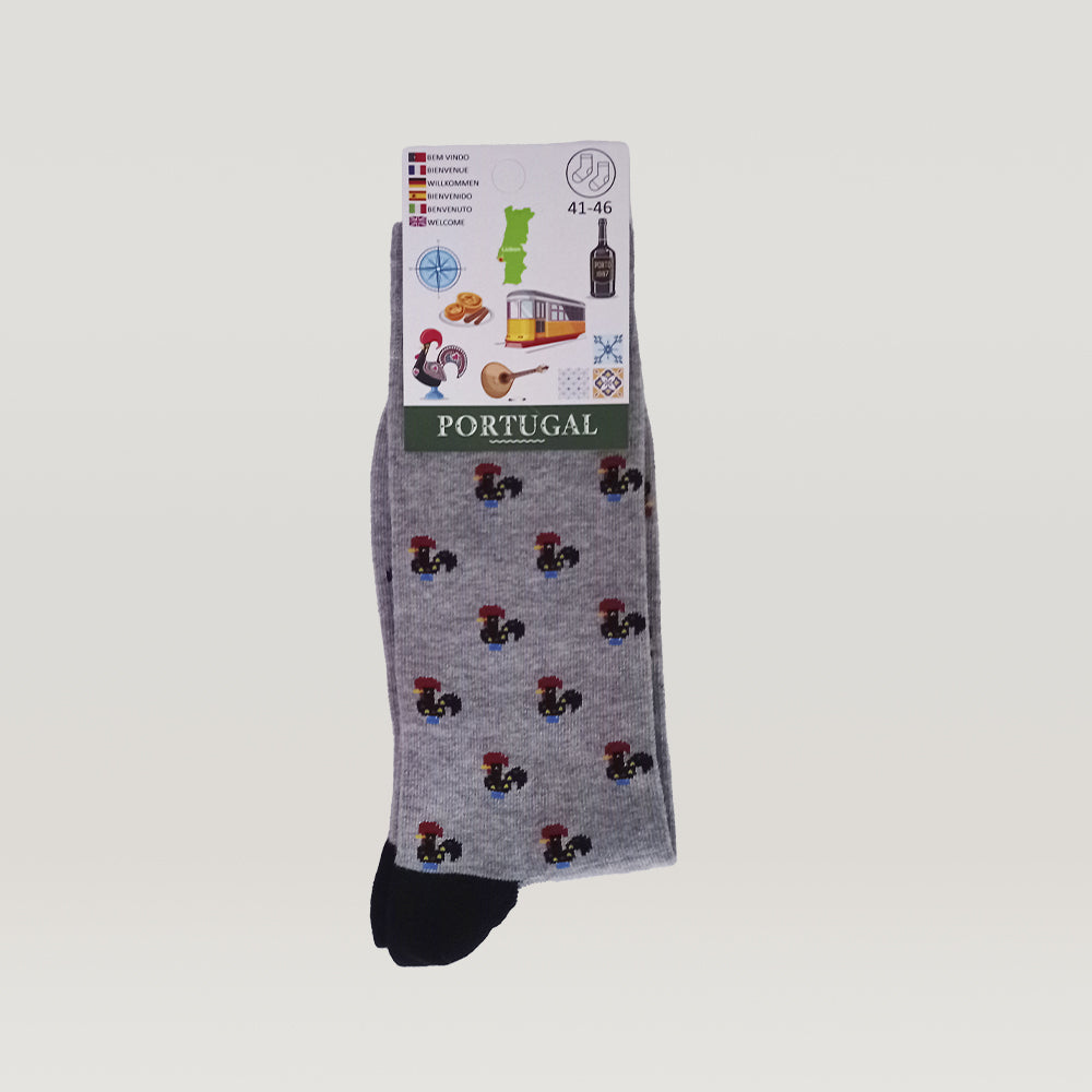 A pair of stylish socks featuring the iconic Barcelos rooster pattern in vibrant colors, made from high-quality cotton.