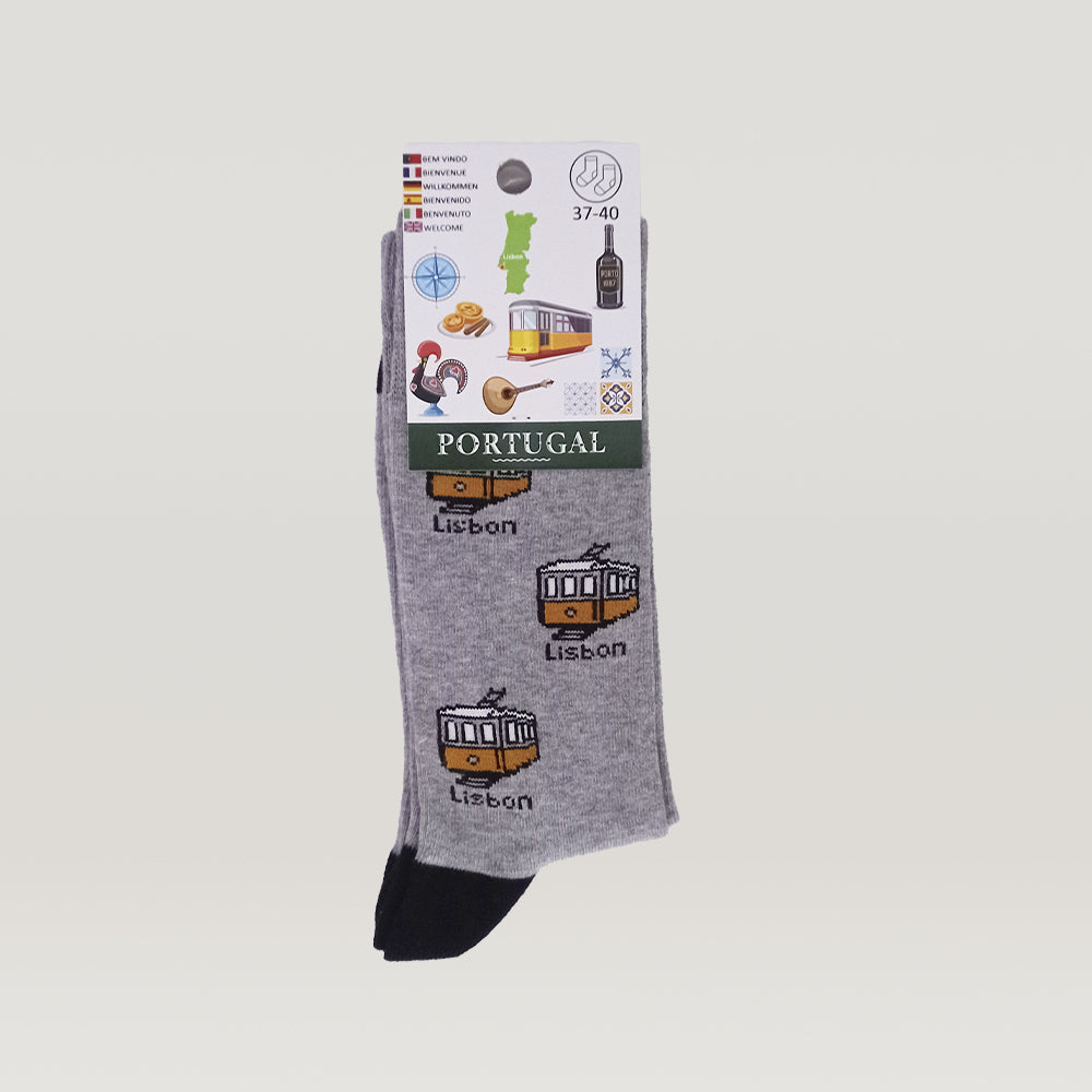 Colorful Portuguese 2D tram socks made from premium cotton, featuring vibrant tram designs.