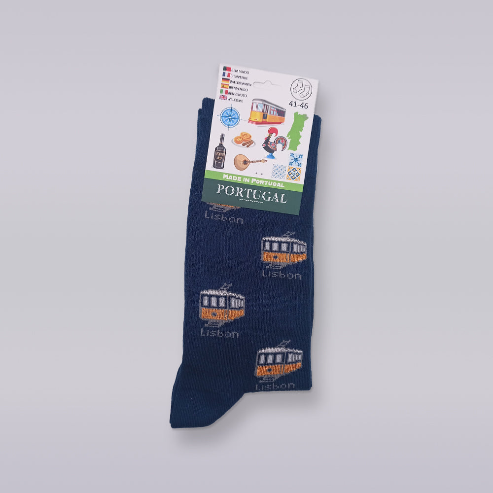 Colorful Portuguese 2D tram socks made from premium cotton, featuring vibrant tram designs.