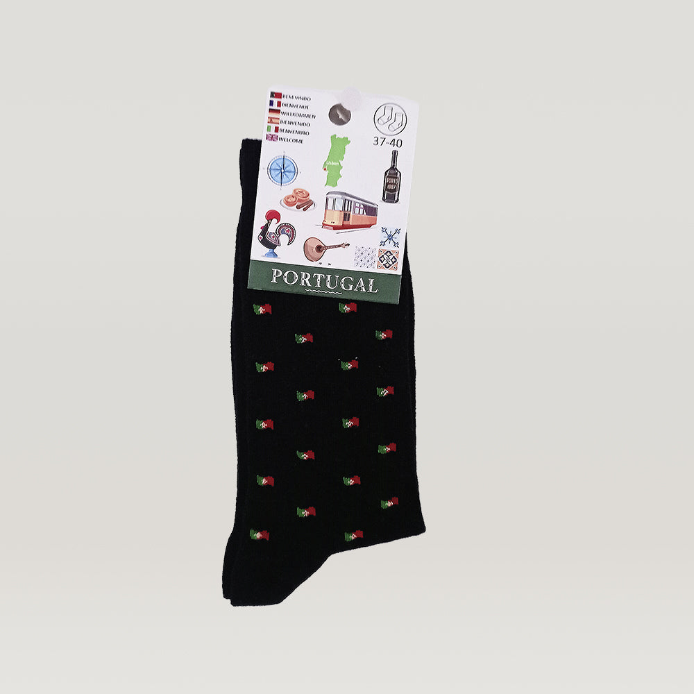 Premium cotton socks featuring a vibrant Portuguese flag pattern, showcasing intricate details and bright colors.