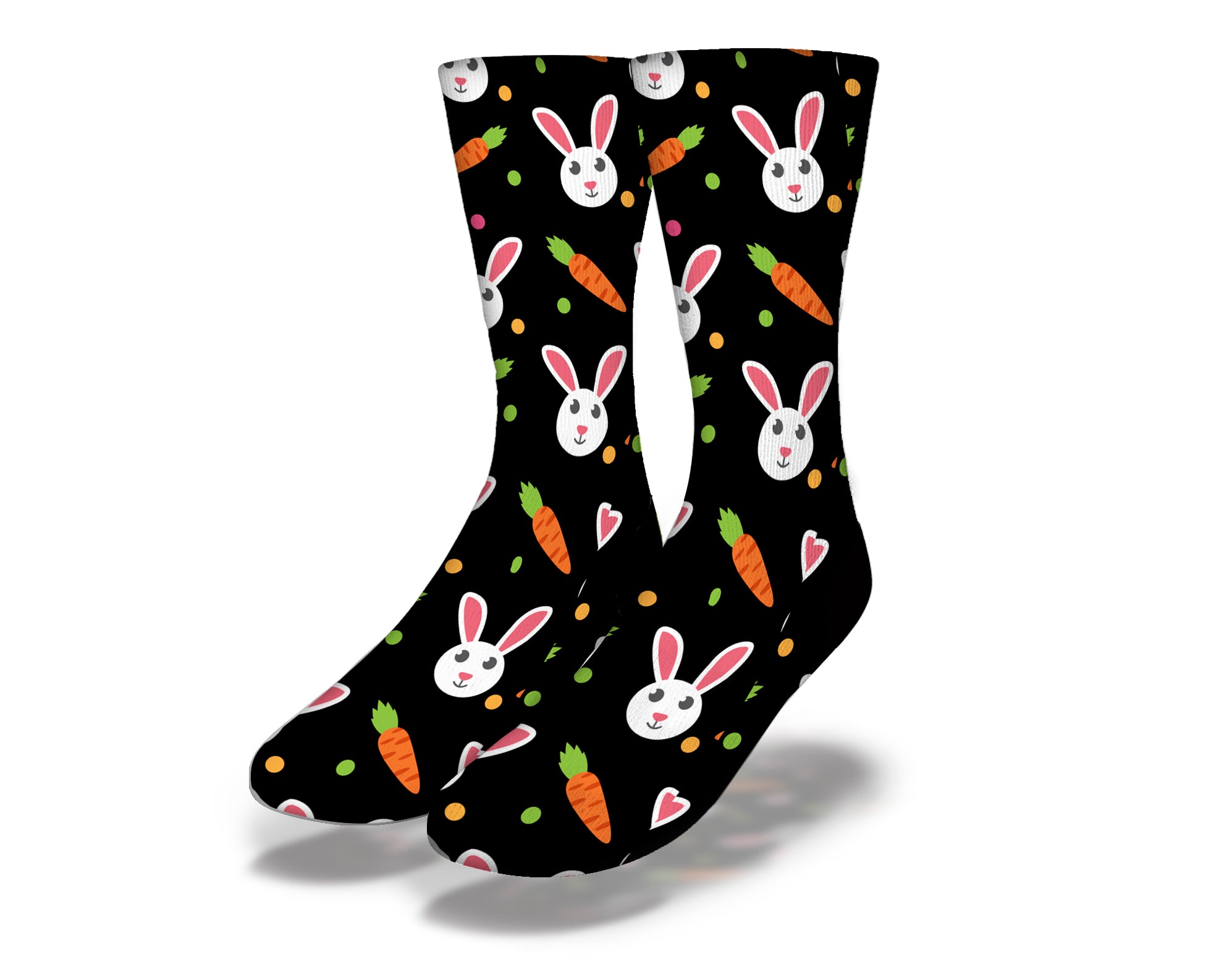 A pair of black Easter socks featuring playful bunny designs and humorous phrases, perfect for celebrating the holiday.