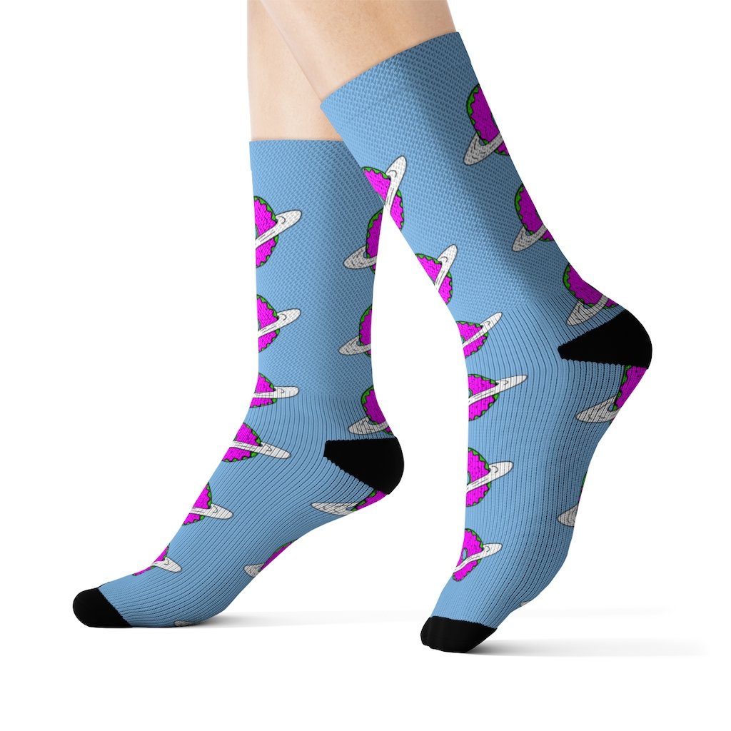 A pair of stylish Space Donut's Socks featuring a colorful donut print, designed for comfort and fashion.