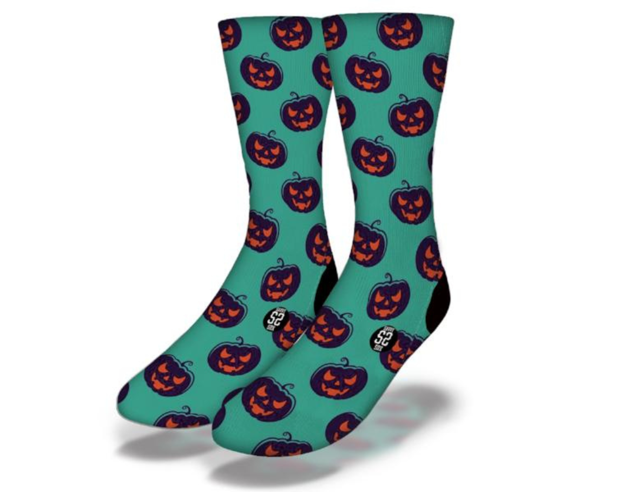 A pair of Spooky Silly Teal Pumpkin Pattern Fun Halloween Socks featuring vibrant teal pumpkins on a black background, perfect for Halloween festivities.