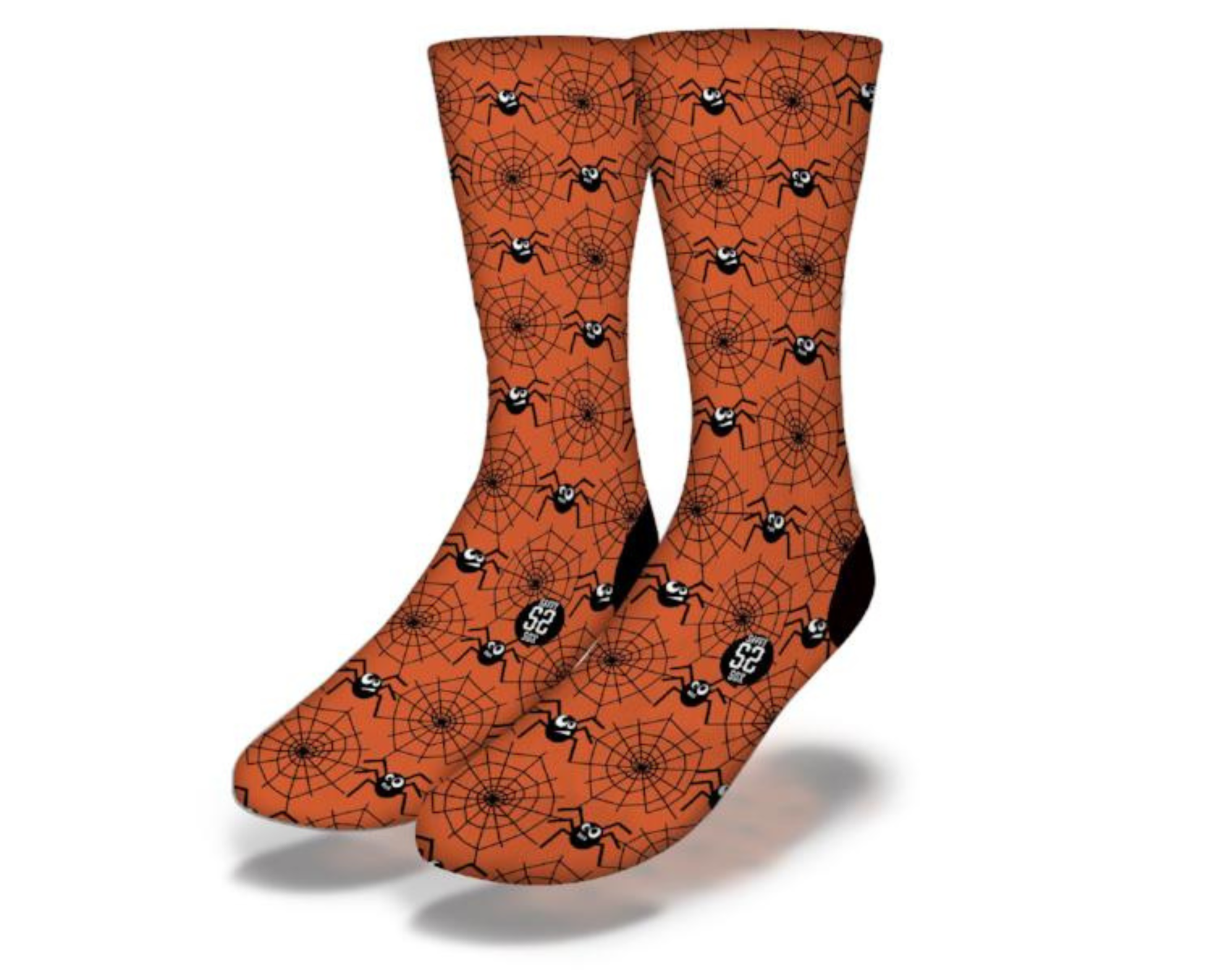 A pair of Halloween-themed socks featuring spooky spiders and webs, perfect for festive occasions.