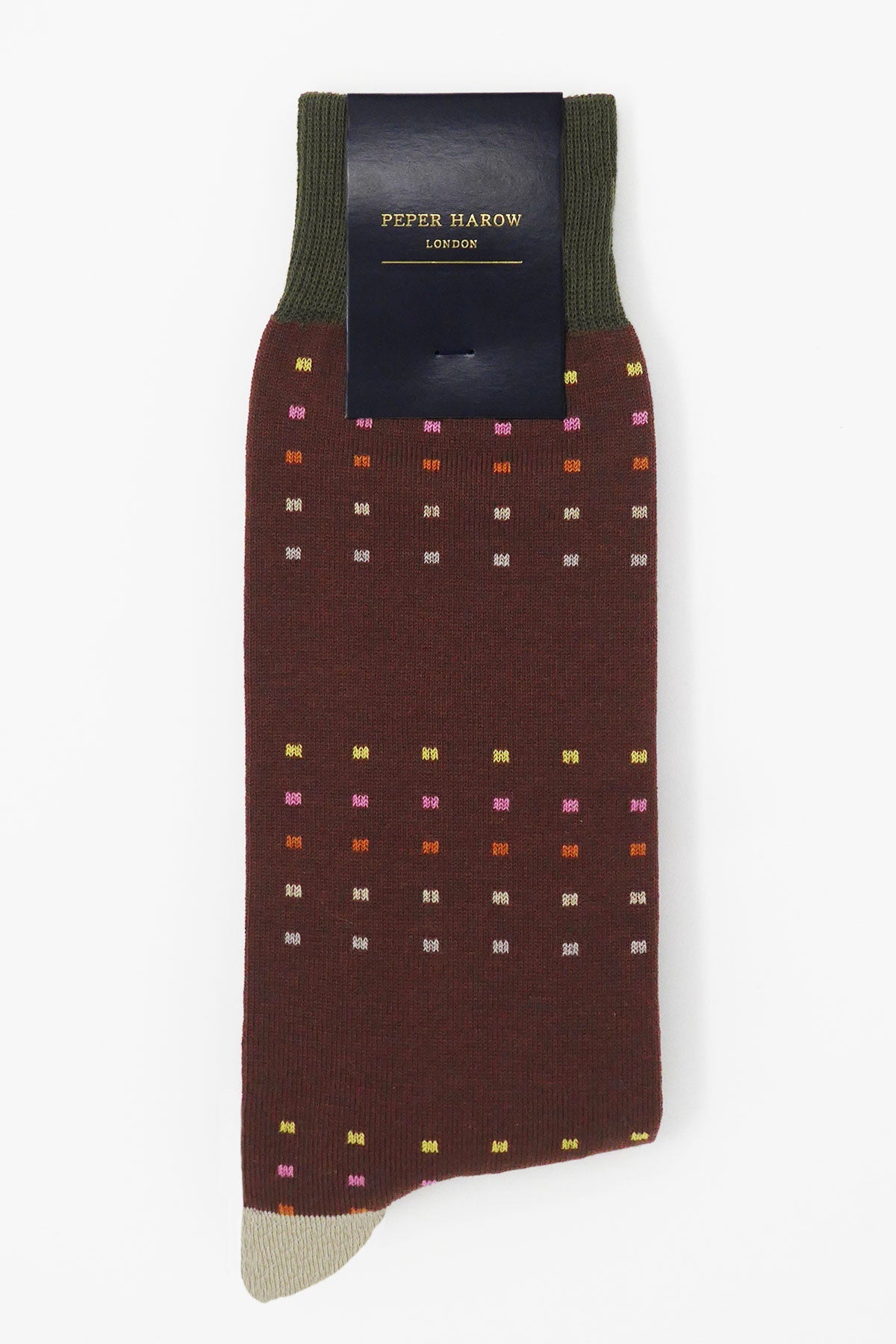 Luxury Square Polka Men's Socks in brown and green with contrasting heel and cuff, featuring multi-coloured square polka dots.