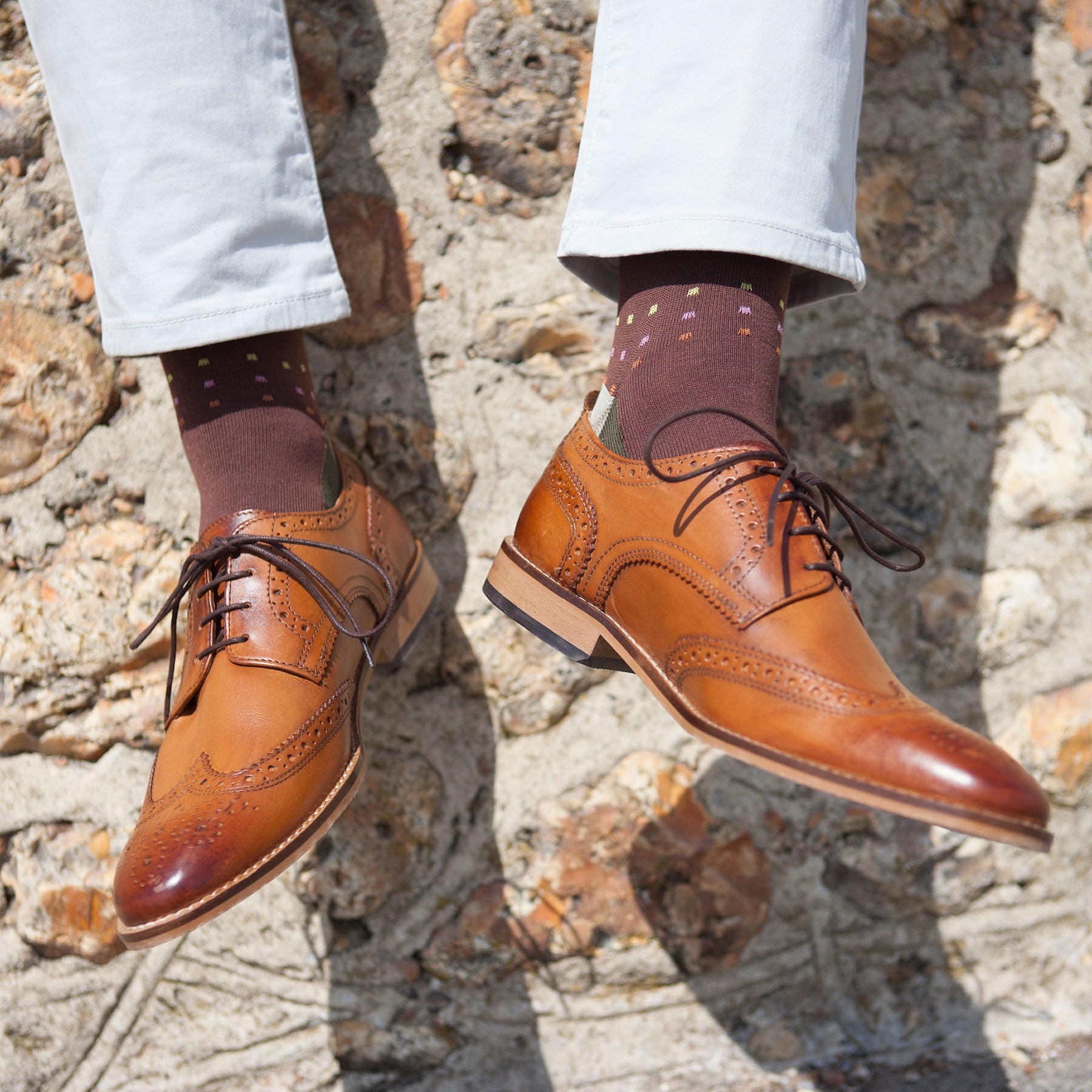 Luxury Square Polka Men's Socks in brown and green with contrasting heel and cuff, featuring multi-coloured square polka dots.