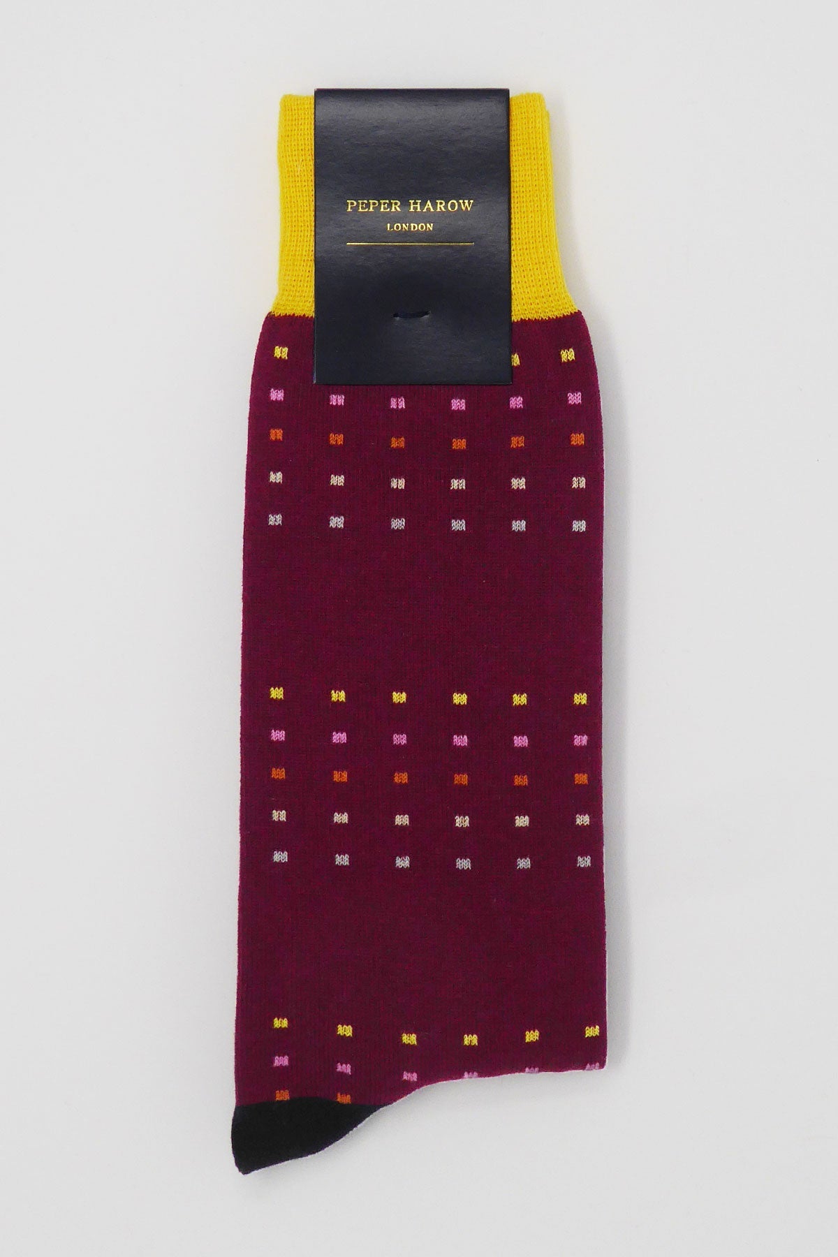 Luxury Square Polka Men's Socks in burgundy and yellow with contrasting heel and cuff, featuring multi-coloured square polka dots.