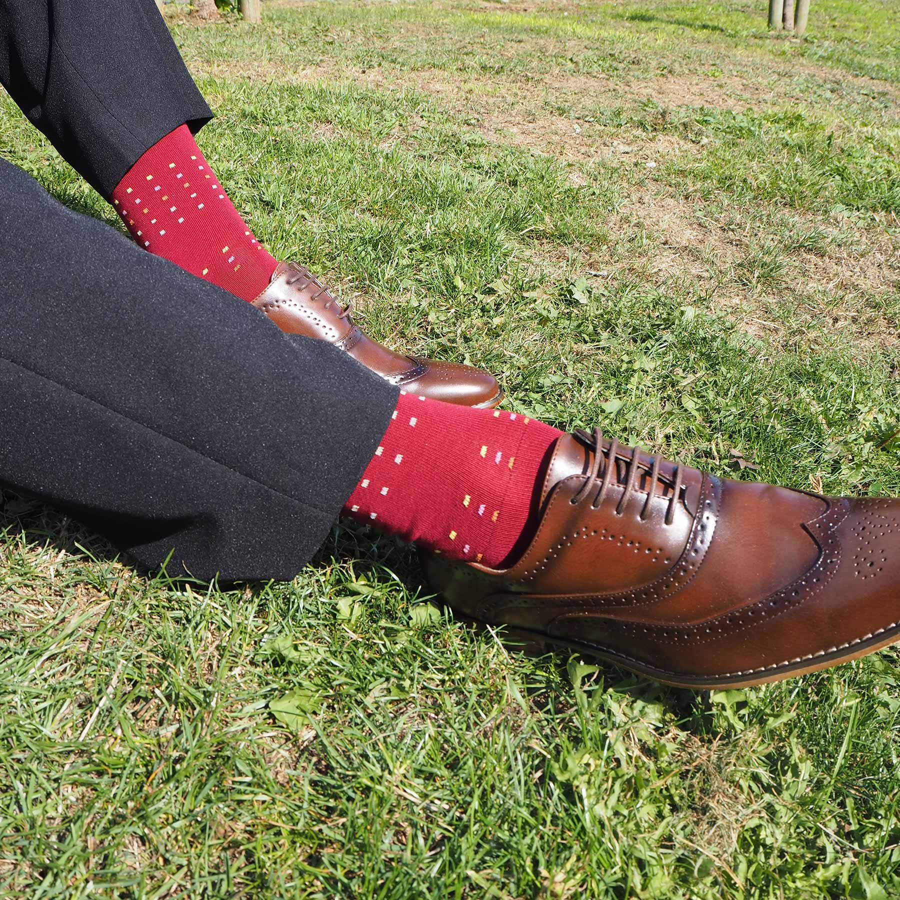 Luxury Square Polka Men's Socks in burgundy and yellow with contrasting heel and cuff, featuring multi-coloured square polka dots.