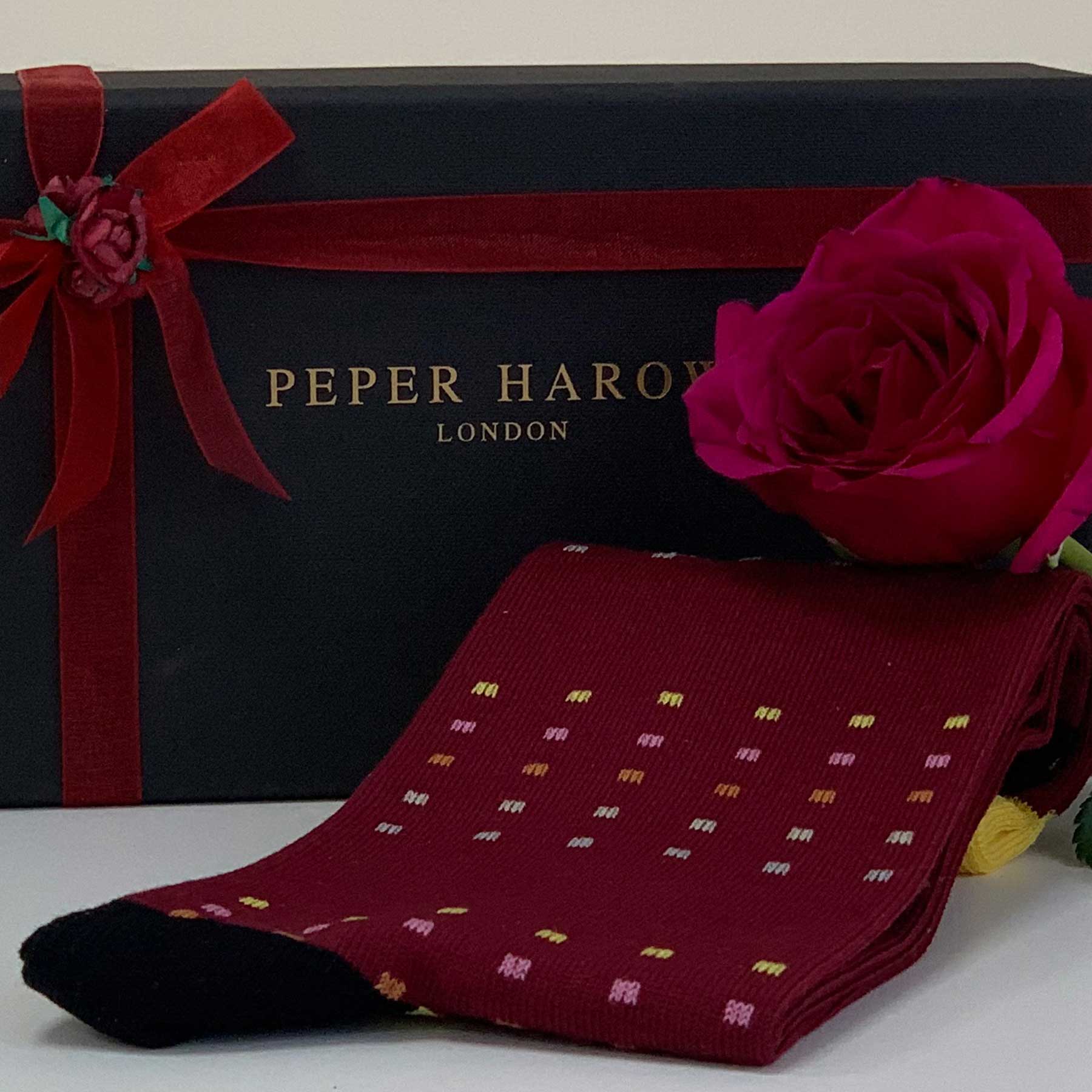 Luxury Square Polka Men's Socks in burgundy and yellow with contrasting heel and cuff, featuring multi-coloured square polka dots.