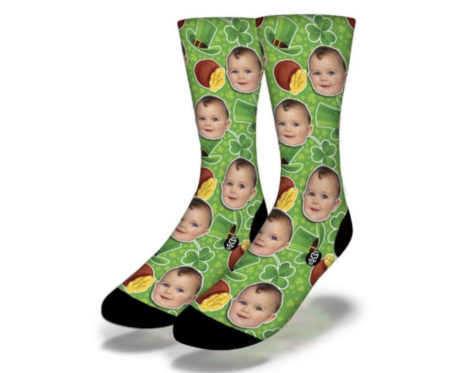 Custom St. Patrick's Day socks featuring personalized images on front and back, showcasing vibrant colors and unique designs.