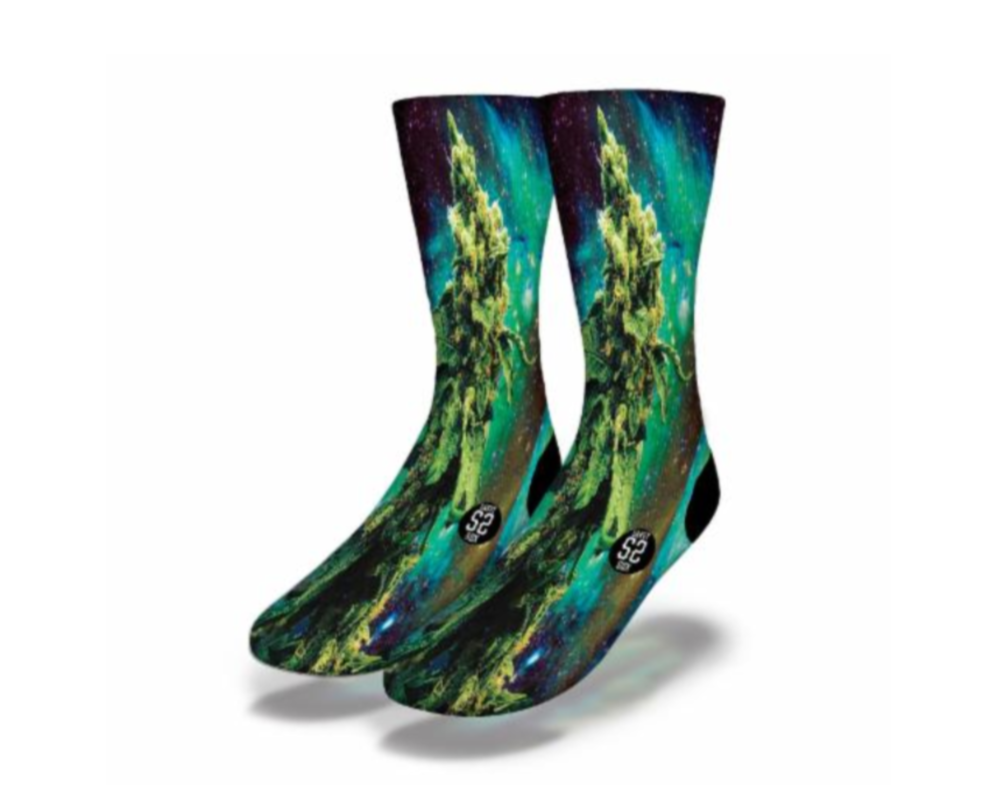 A pair of STICKY ICKY SPACE NUG Funny Weed Socks featuring vibrant marijuana pot leaf designs, perfect for stoners and party-goers.