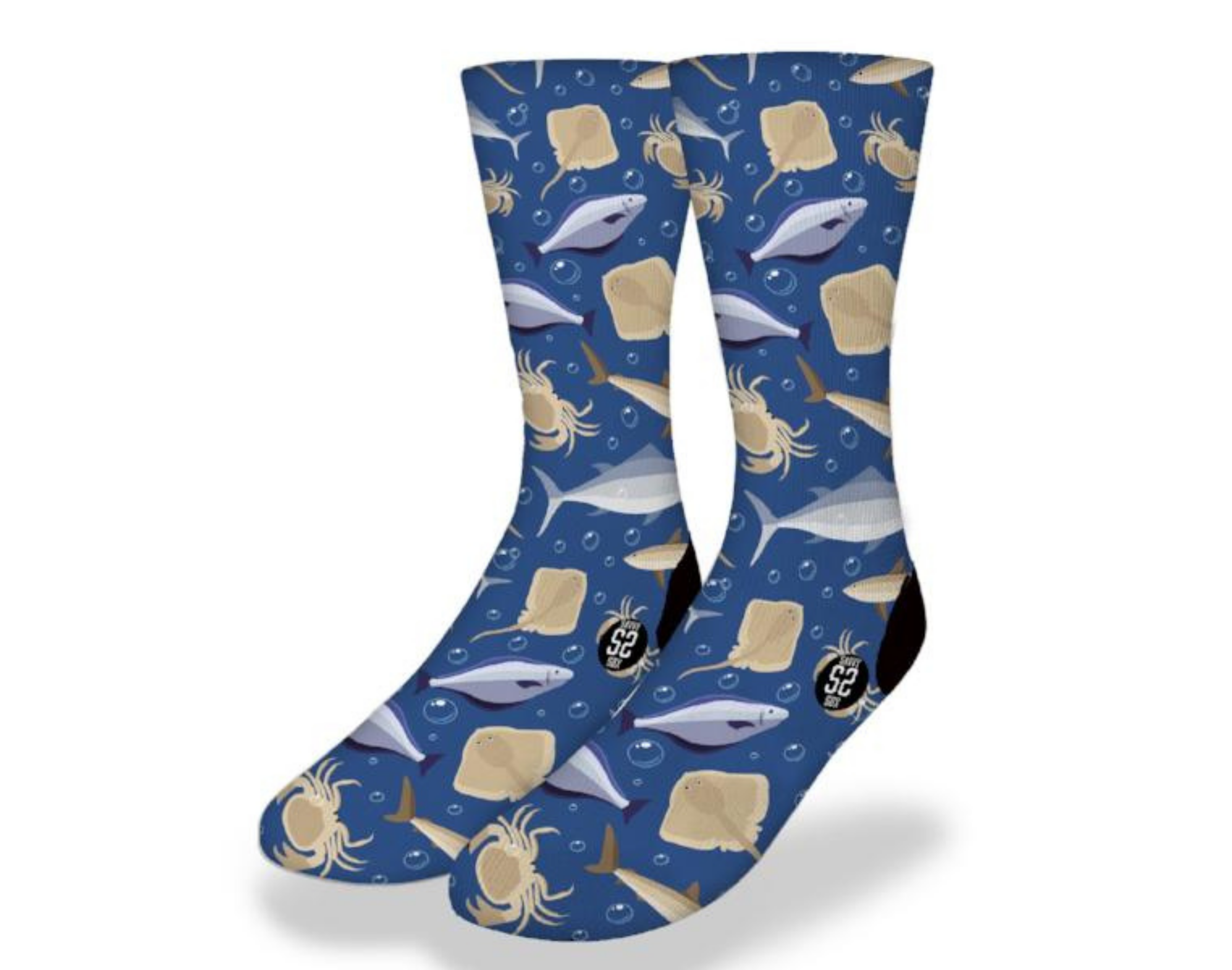 Colorful STINGRAY SHARK CRAB WHALE CLUB socks featuring marine life designs, perfect for ocean enthusiasts.