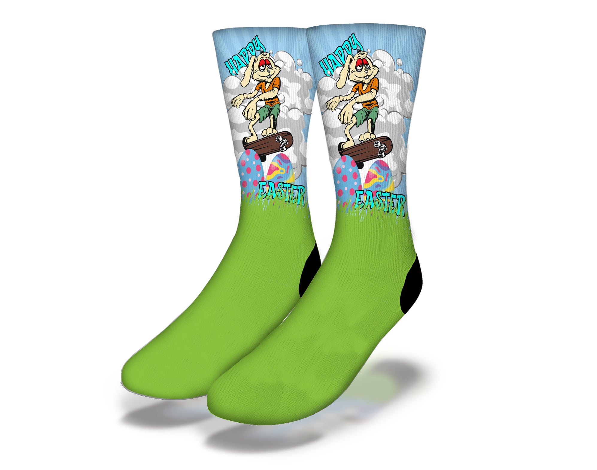 Colorful STONER SKATEBOARDING BUNNY Fun Easter Socks featuring a playful bunny design, perfect for Easter celebrations.