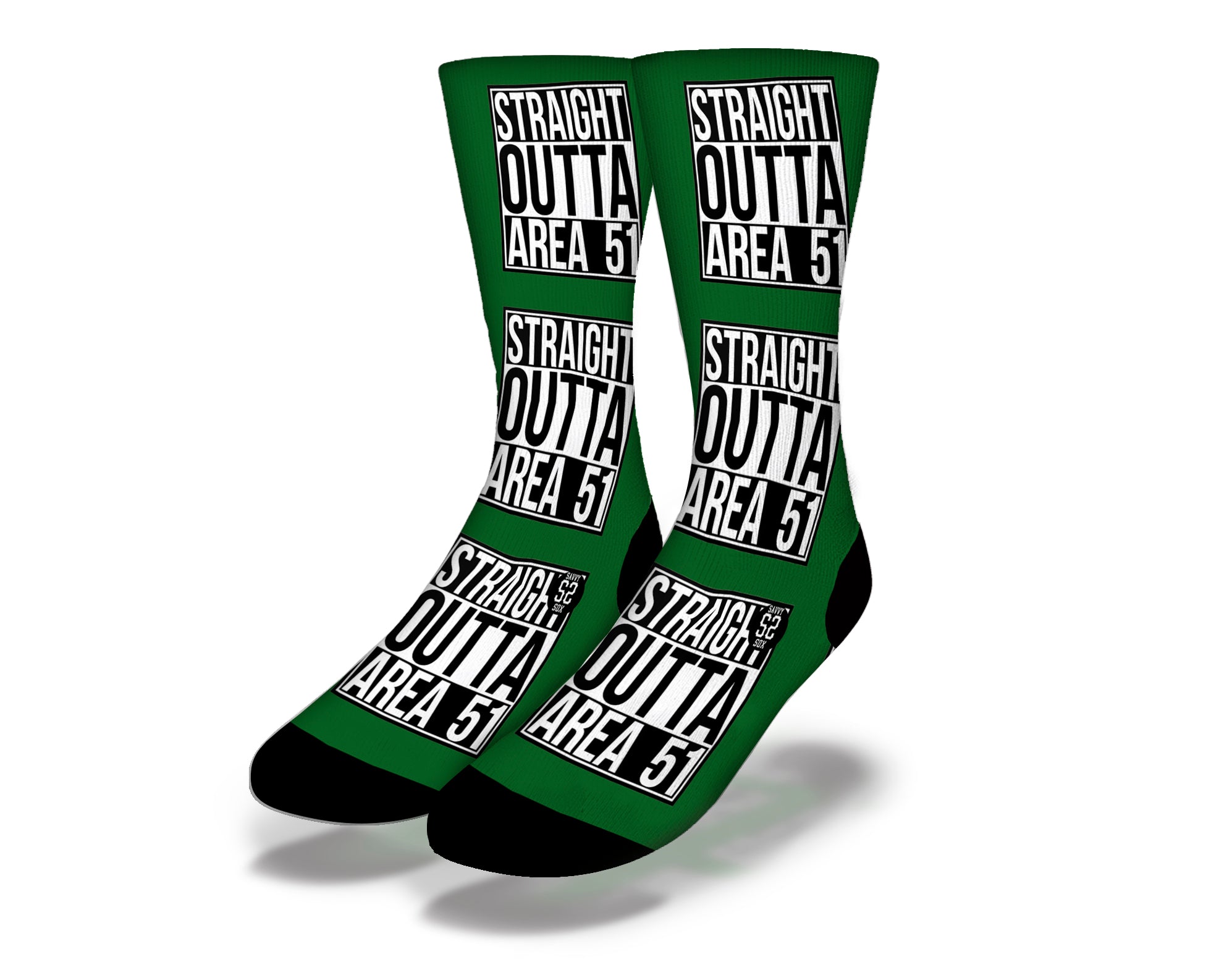 A pair of colorful socks featuring the phrase 'Straight Outta Area 51' with alien graphics, perfect for casual wear.