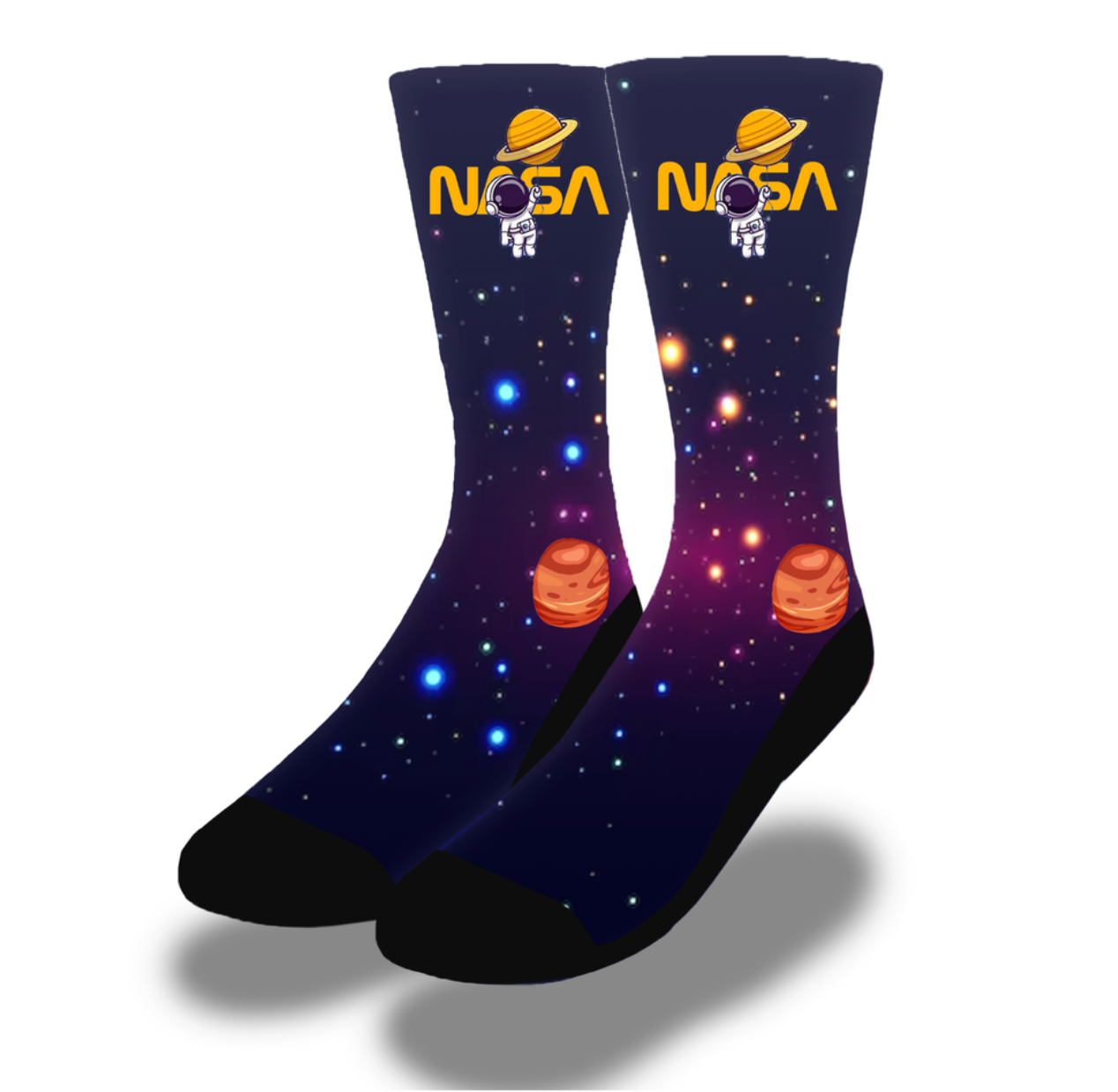 A pair of colorful spaceship socks featuring vibrant designs of spaceships and planets, perfect for space enthusiasts.