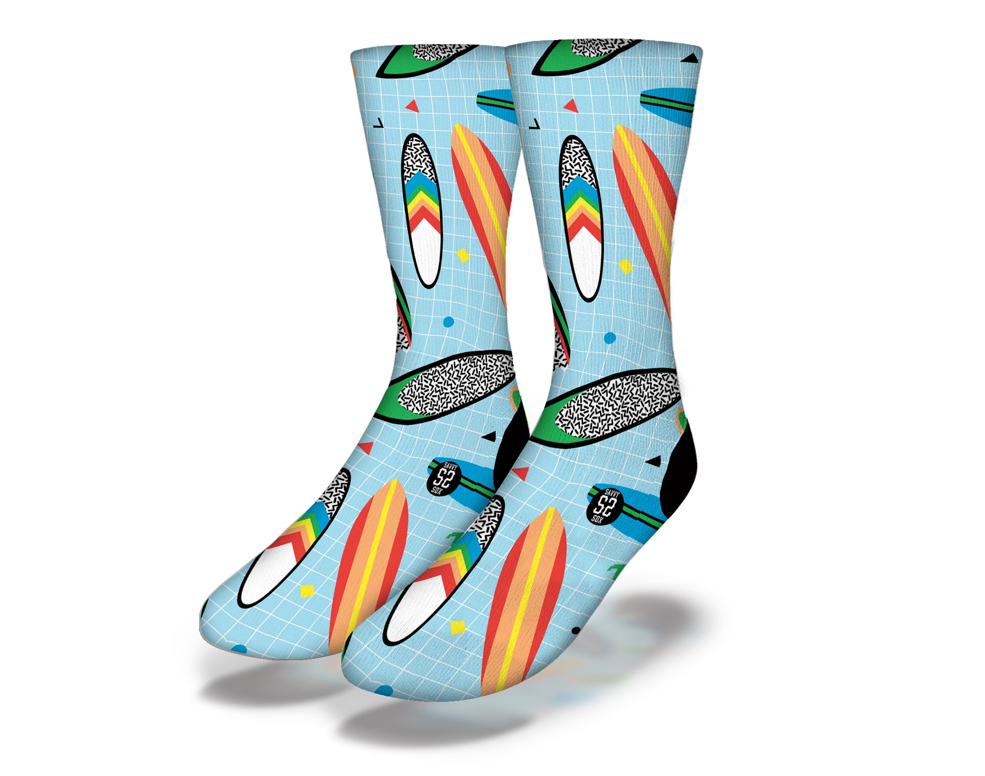 Colorful Fun Surfing Socks featuring kitschy cartoon surfboards on an aqua grid, perfect for beach lovers and surfers.