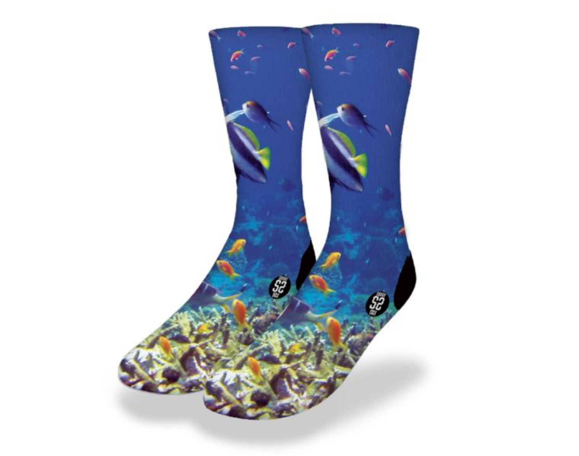 Colorful TECHNICOLOR OCEAN REEF Fun Fish Socks featuring vibrant fish and coral designs, perfect for aquatic enthusiasts.