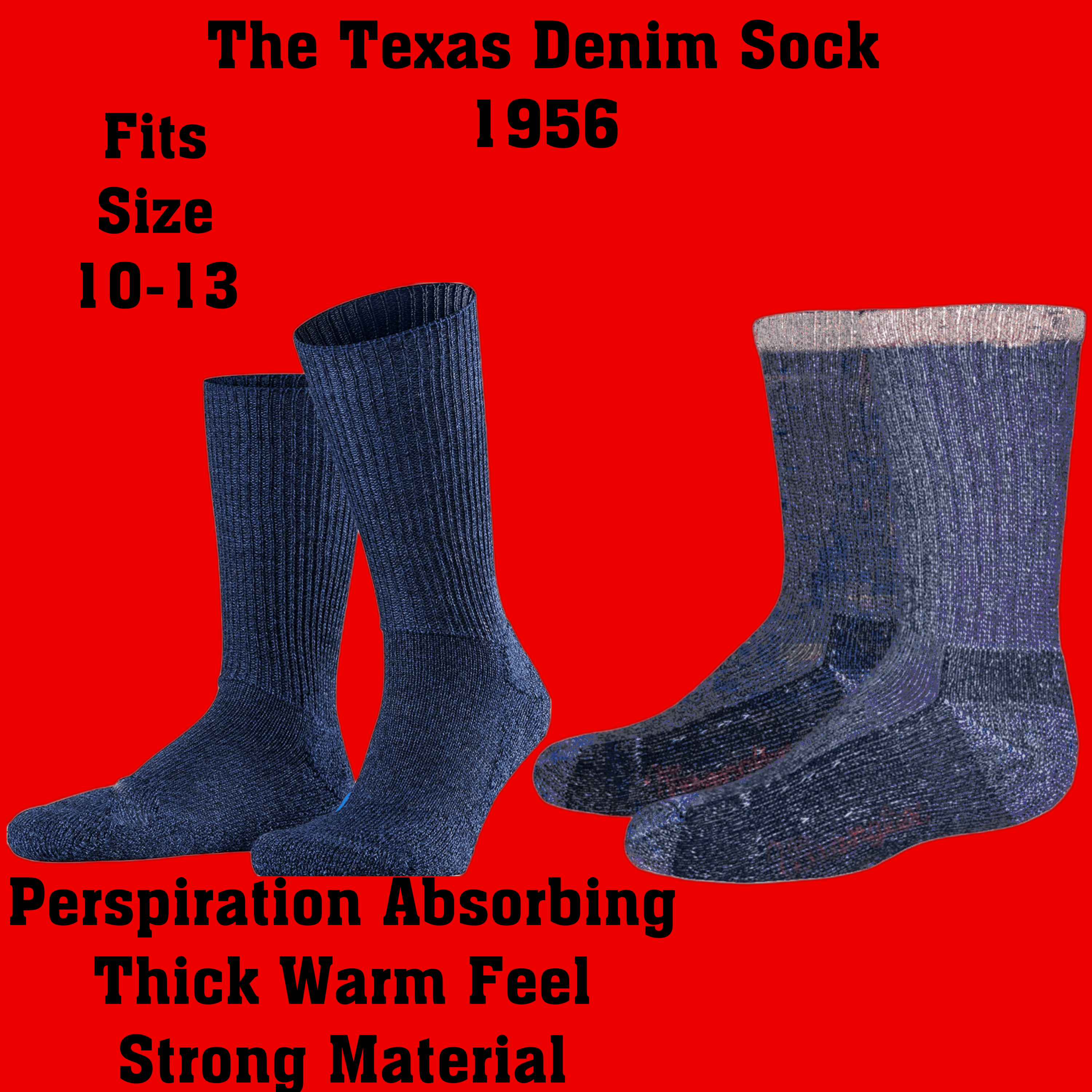 Texas Denim Thermal Socks for Men, featuring a warm cotton-poly blend, reinforced heel and toe, and long boot design for winter comfort.