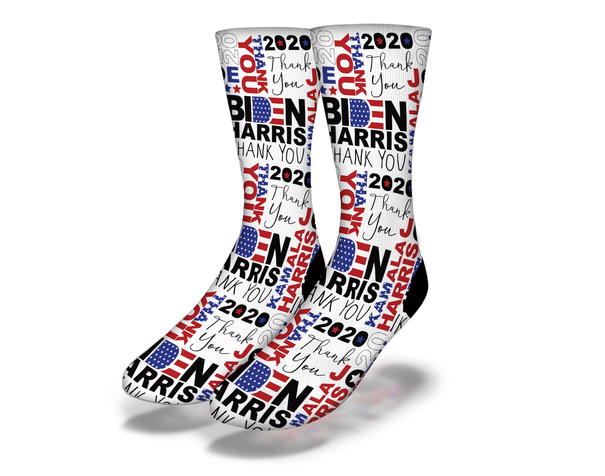 Colorful THANK YOU BIDEN HARRIS 2020 fun patriotic socks featuring caricatures of Joe Biden and Kamala Harris, perfect for political humor.