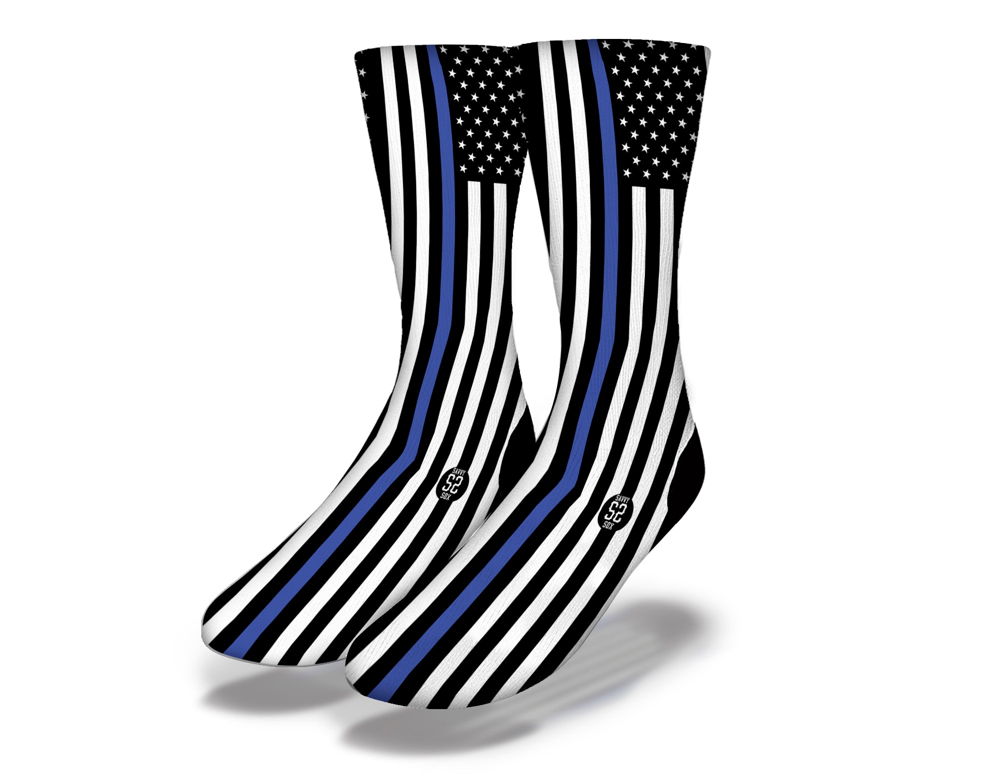 A pair of stylish Thin Blue Line Socks featuring a blue line design symbolizing support for law enforcement.