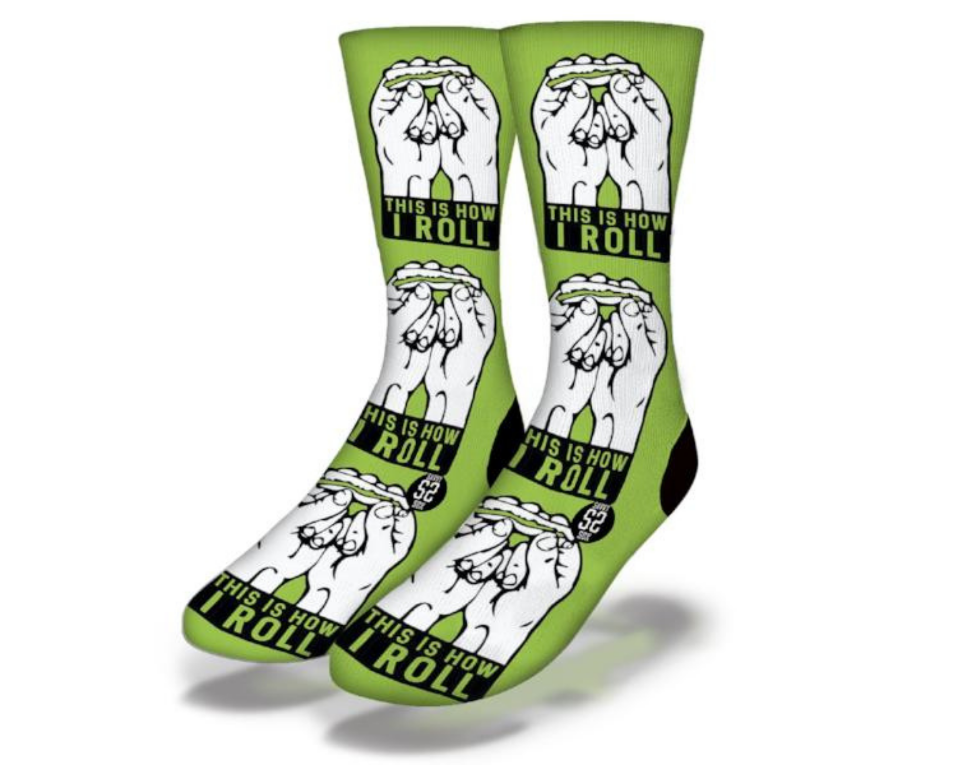 A pair of funny weed socks featuring vibrant marijuana pot leaves and a humorous phrase, perfect for stoners and casual wear.