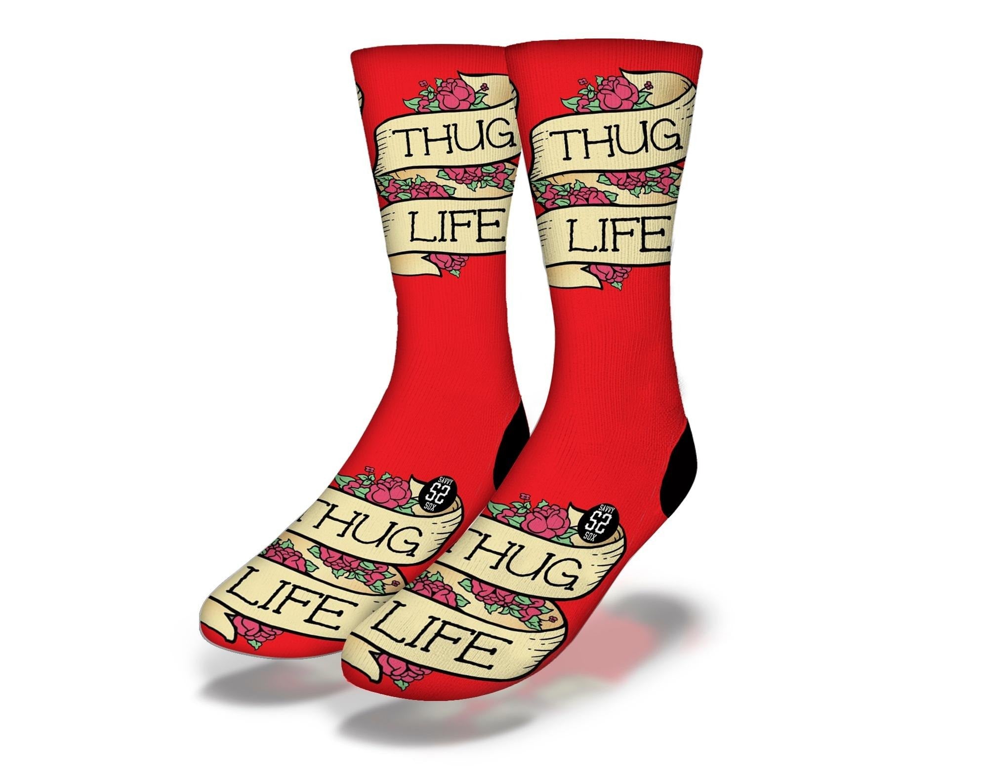 A pair of vibrant red Thug Life socks featuring a bold logo design, perfect for making a fashion statement.